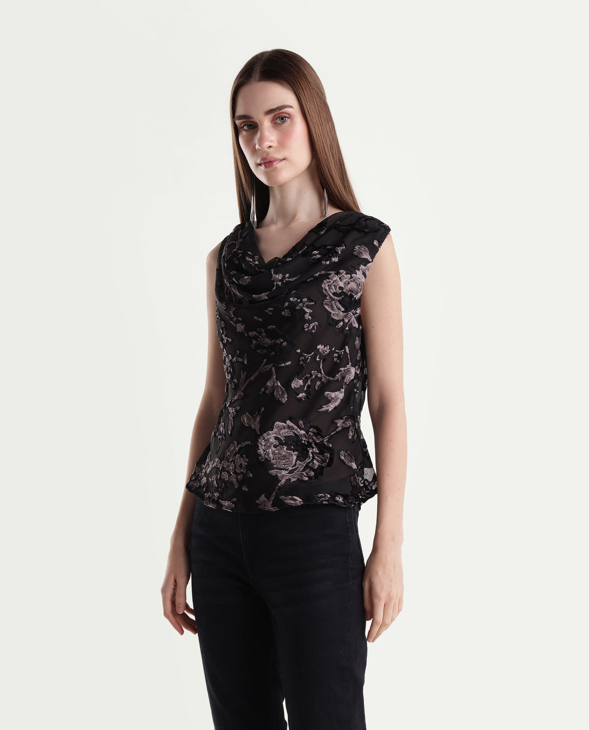Rareism Women's Guilin Black Polyester Cowl Neck Regular Jacquard Top - image 5