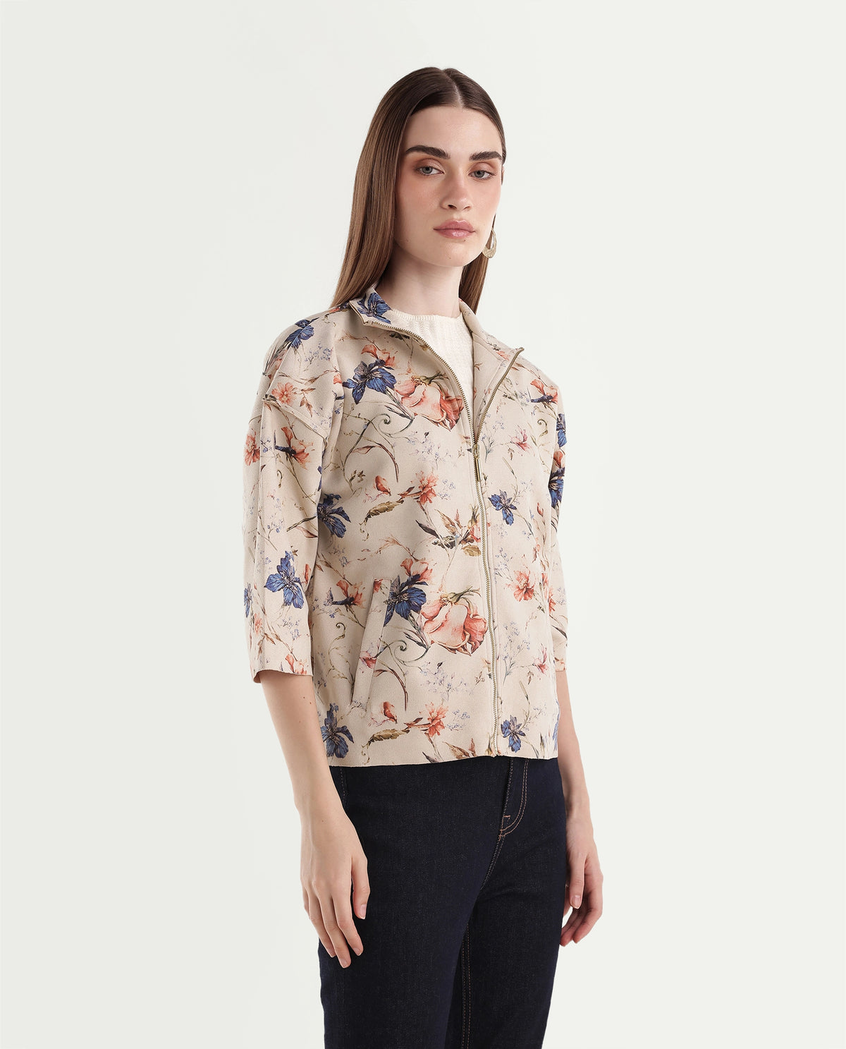 Rareism Women's Tasa Off White Polyester Blend Stand Collar Printed Regular Jacket - image 4