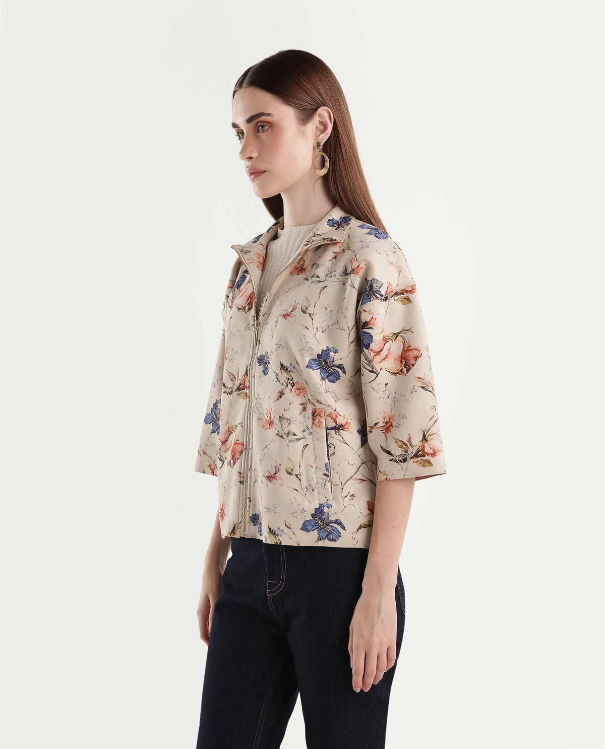 Rareism Women's Tasa Off White Polyester Blend Stand Collar Printed Regular Jacket - image 5