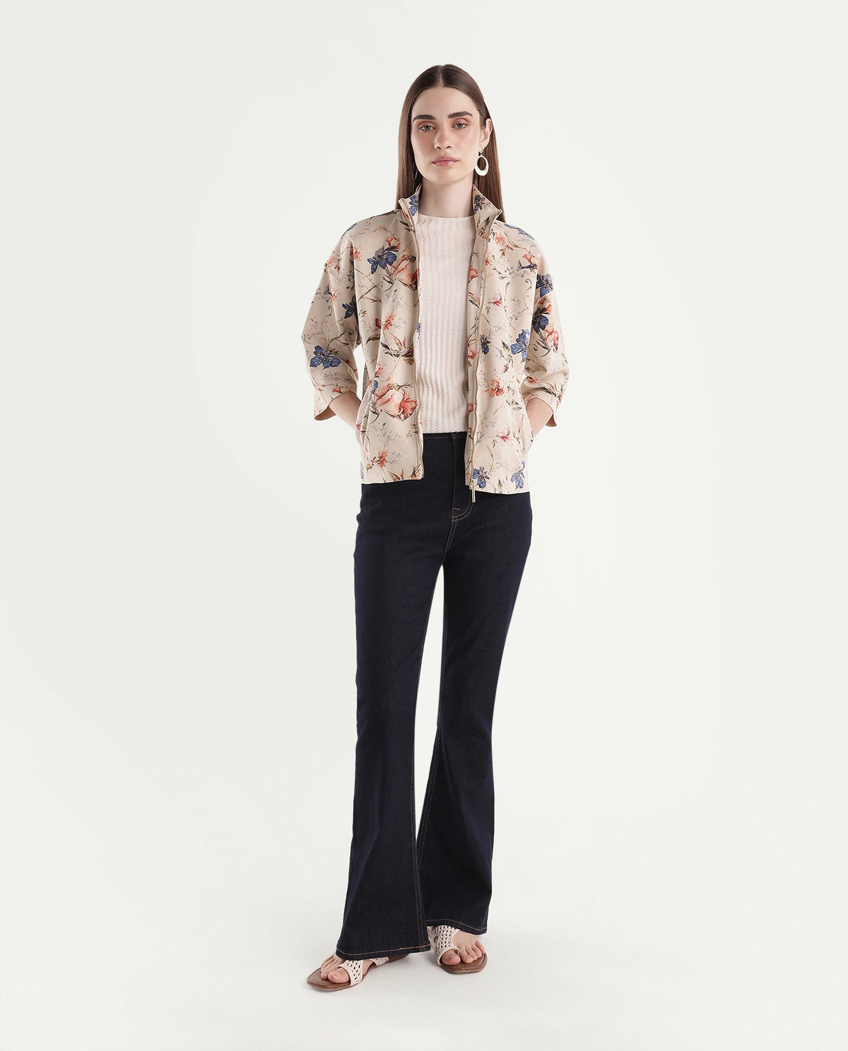 Rareism Women's Tasa Off White Polyester Blend Stand Collar Printed Regular Jacket - image 2