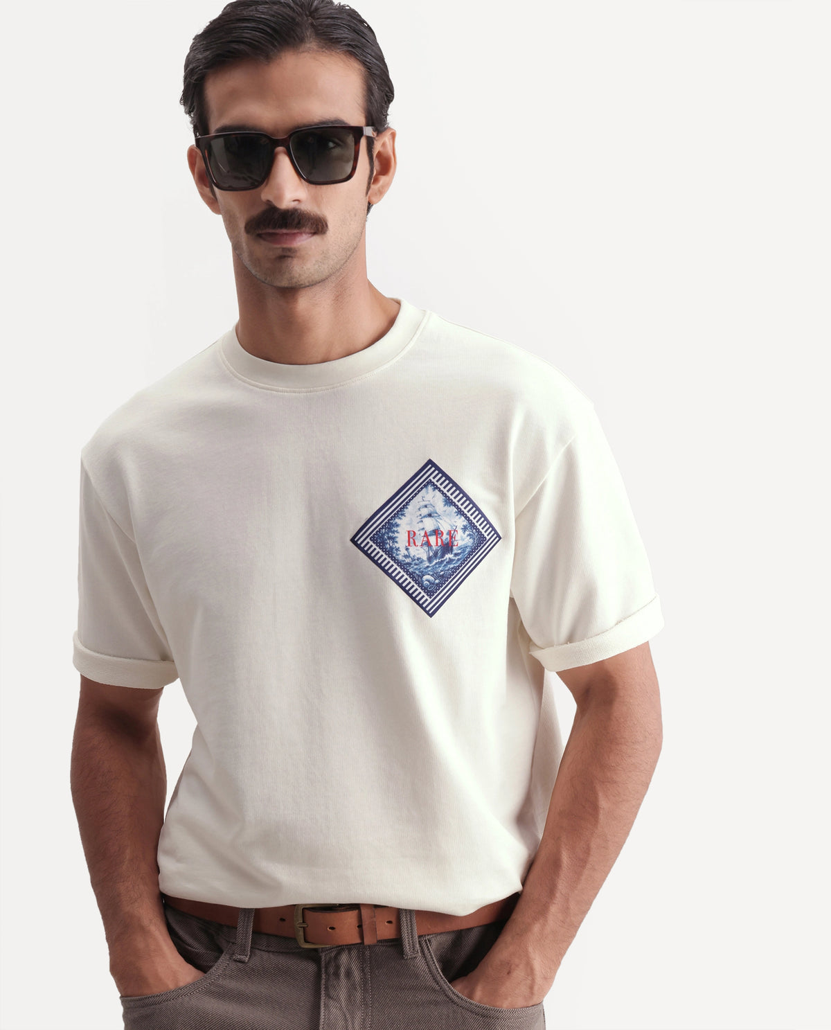 Rare Rabbit Men's Tuco Off White Cotton Crew Neck Relaxed Graphic Print T-Shirt - image 1