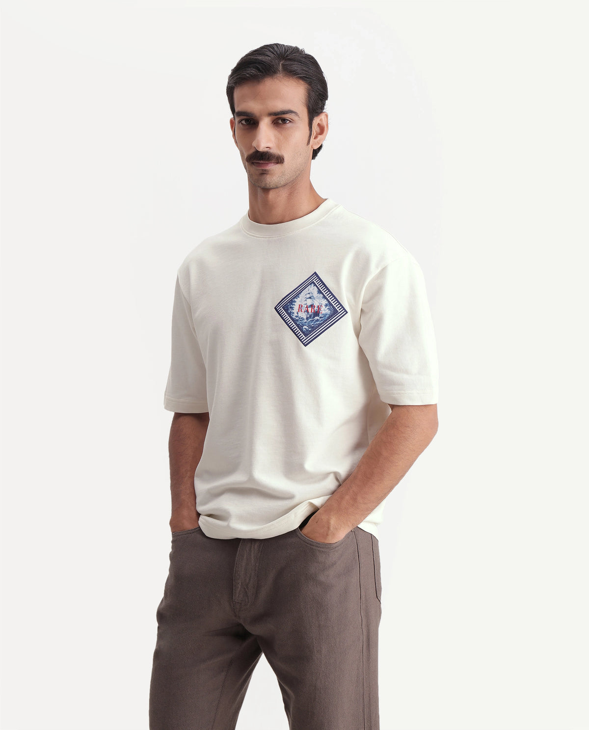 Rare Rabbit Men's Tuco Off White Cotton Crew Neck Relaxed Graphic Print T-Shirt - image 4