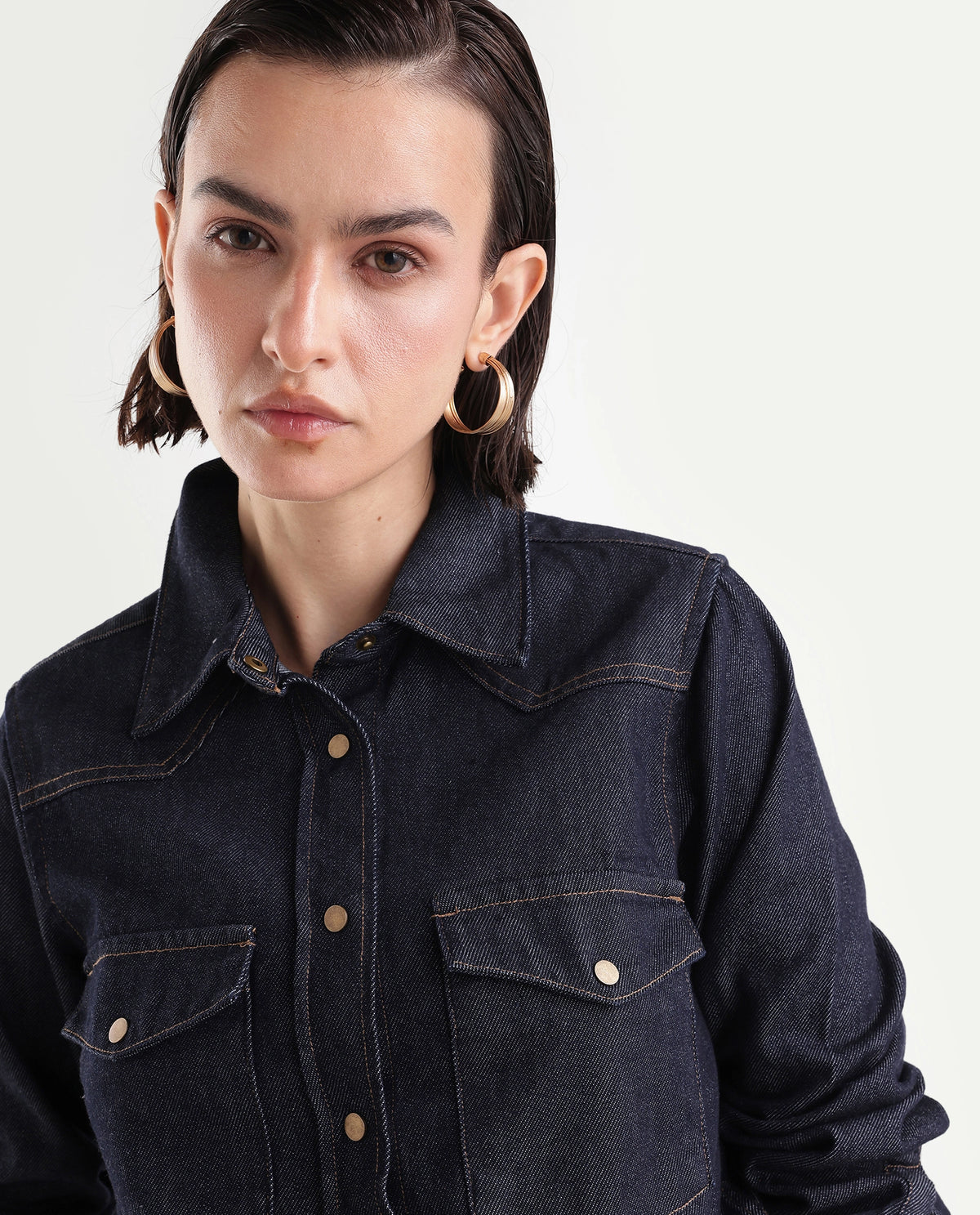Rareism Women's Delz Dark Navy Cotton Blend Spread Collar Regular Twill Shirt - image 3