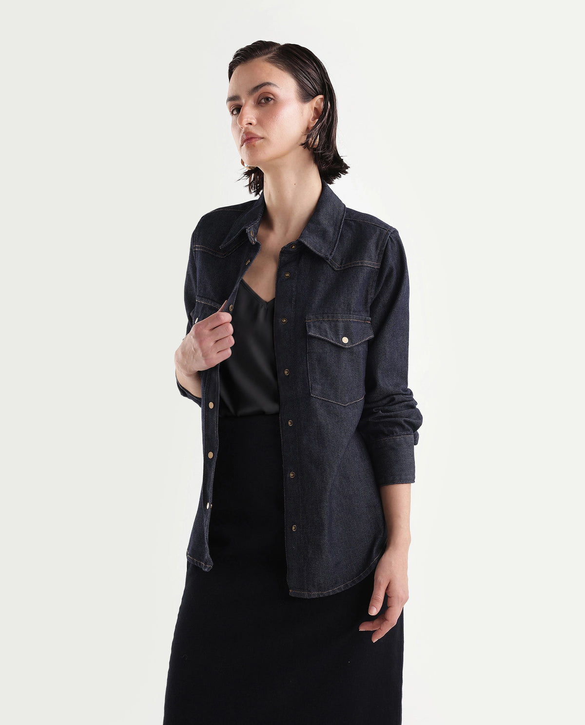 Rareism Women's Delz Dark Navy Cotton Blend Spread Collar Regular Twill Shirt - image 5