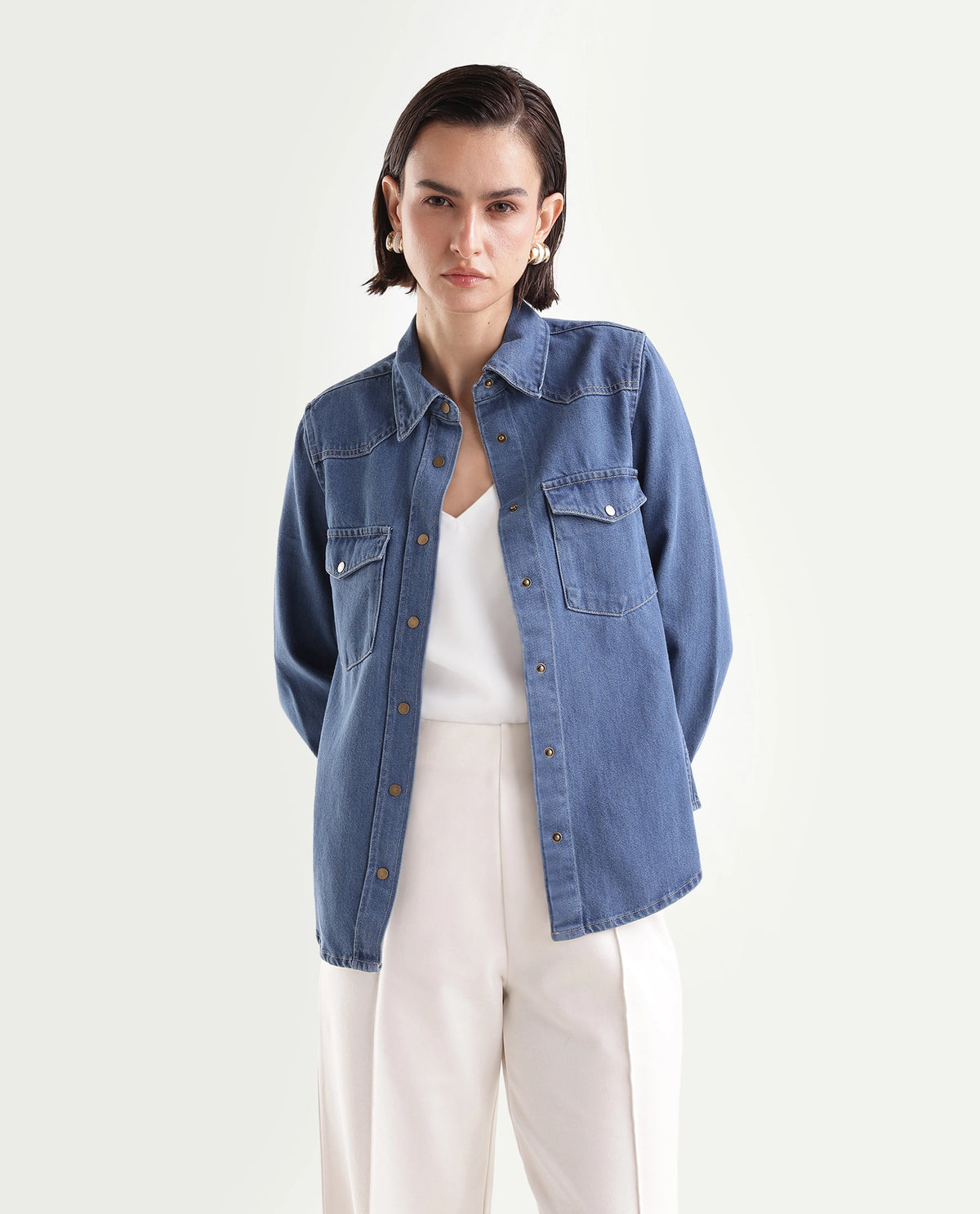 Rareism Women's Delz Blue Cotton Blend Spread Collar Snap Button Regular Twill Shirt - image 1