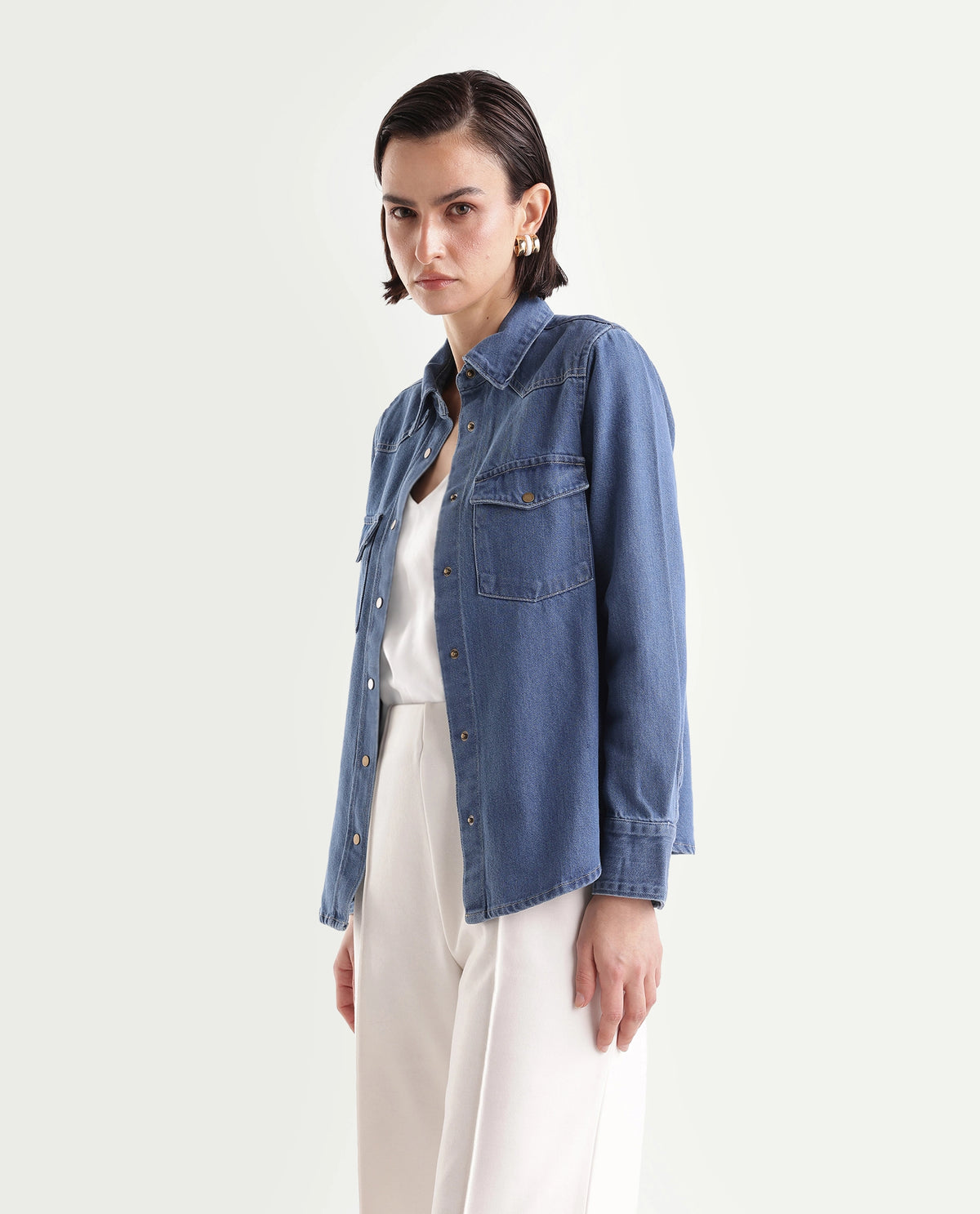 Rareism Women's Delz Blue Cotton Blend Spread Collar Snap Button Regular Twill Shirt - image 5
