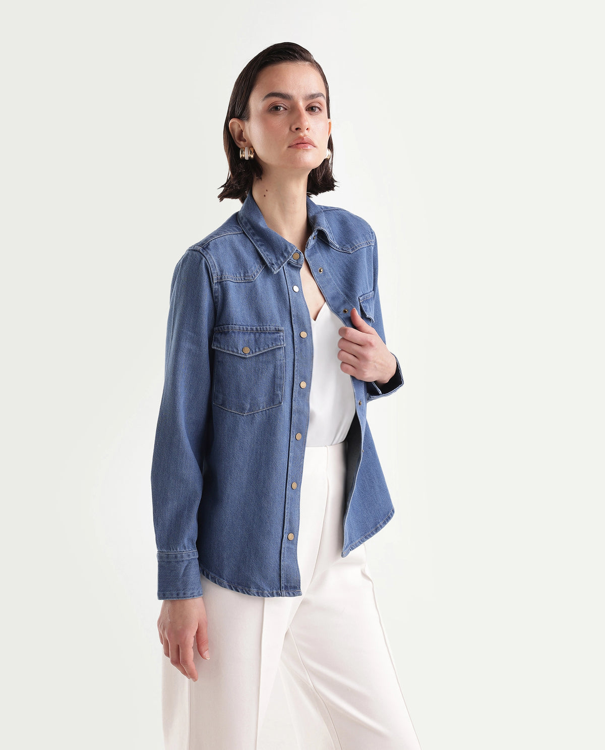 Rareism Women's Delz Blue Cotton Blend Spread Collar Snap Button Regular Twill Shirt - image 4