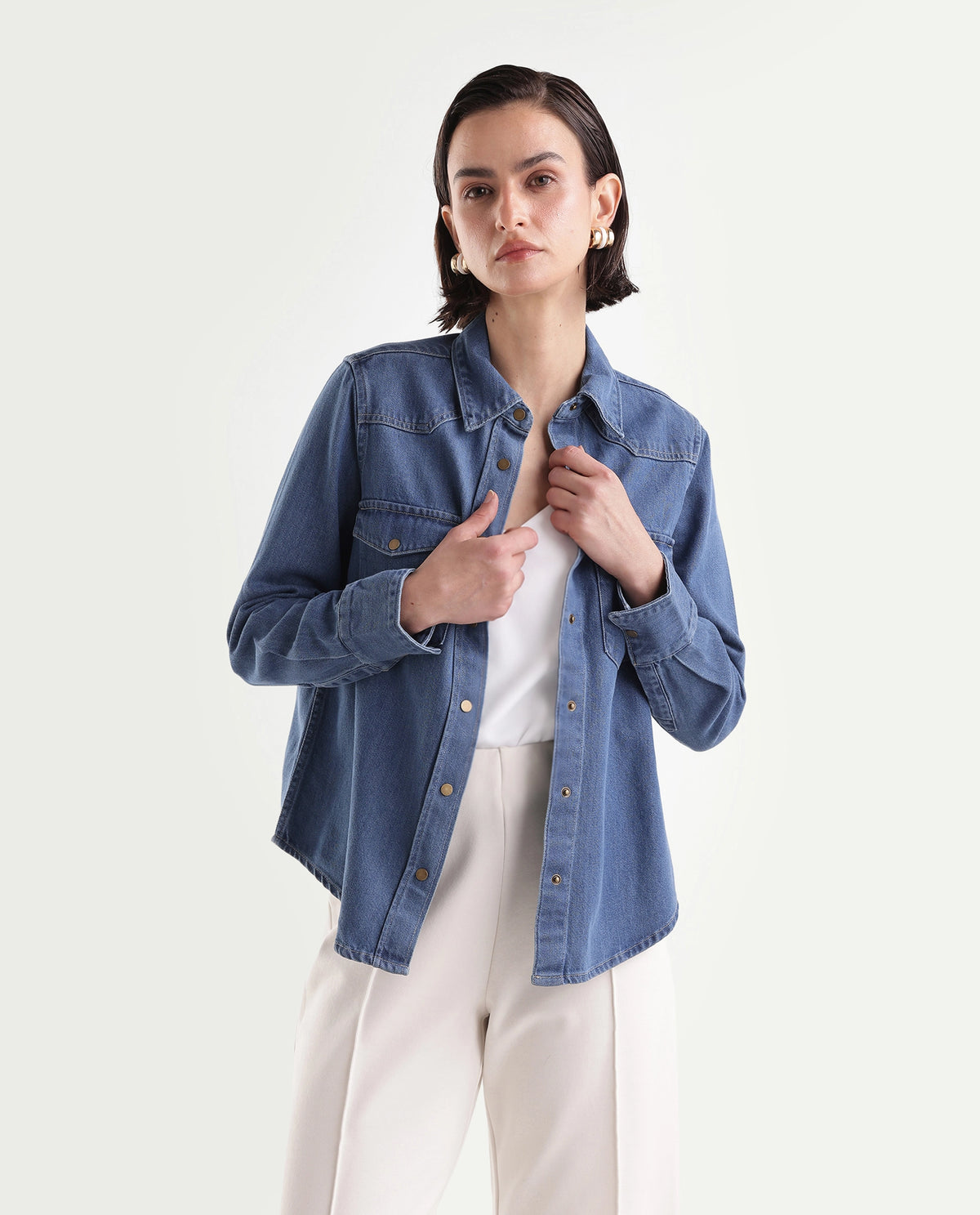 Rareism Women's Delz Blue Cotton Blend Spread Collar Snap Button Regular Twill Shirt - image 6