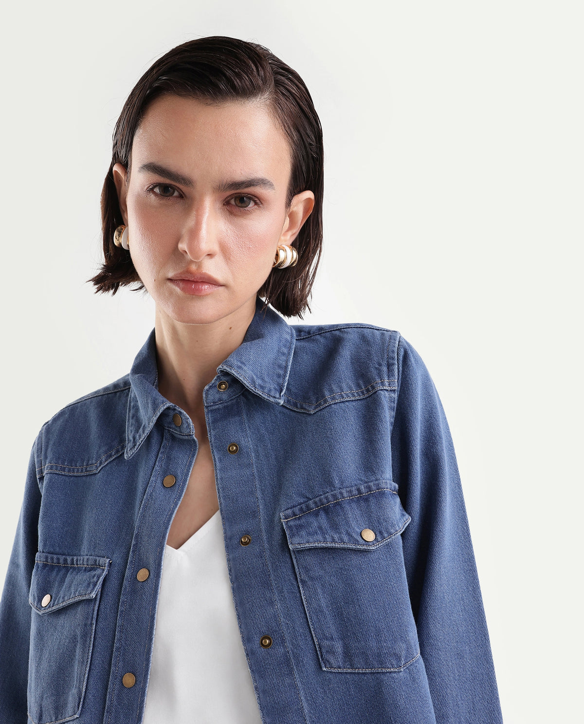 Rareism Women's Delz Blue Cotton Blend Spread Collar Snap Button Regular Twill Shirt - image 3