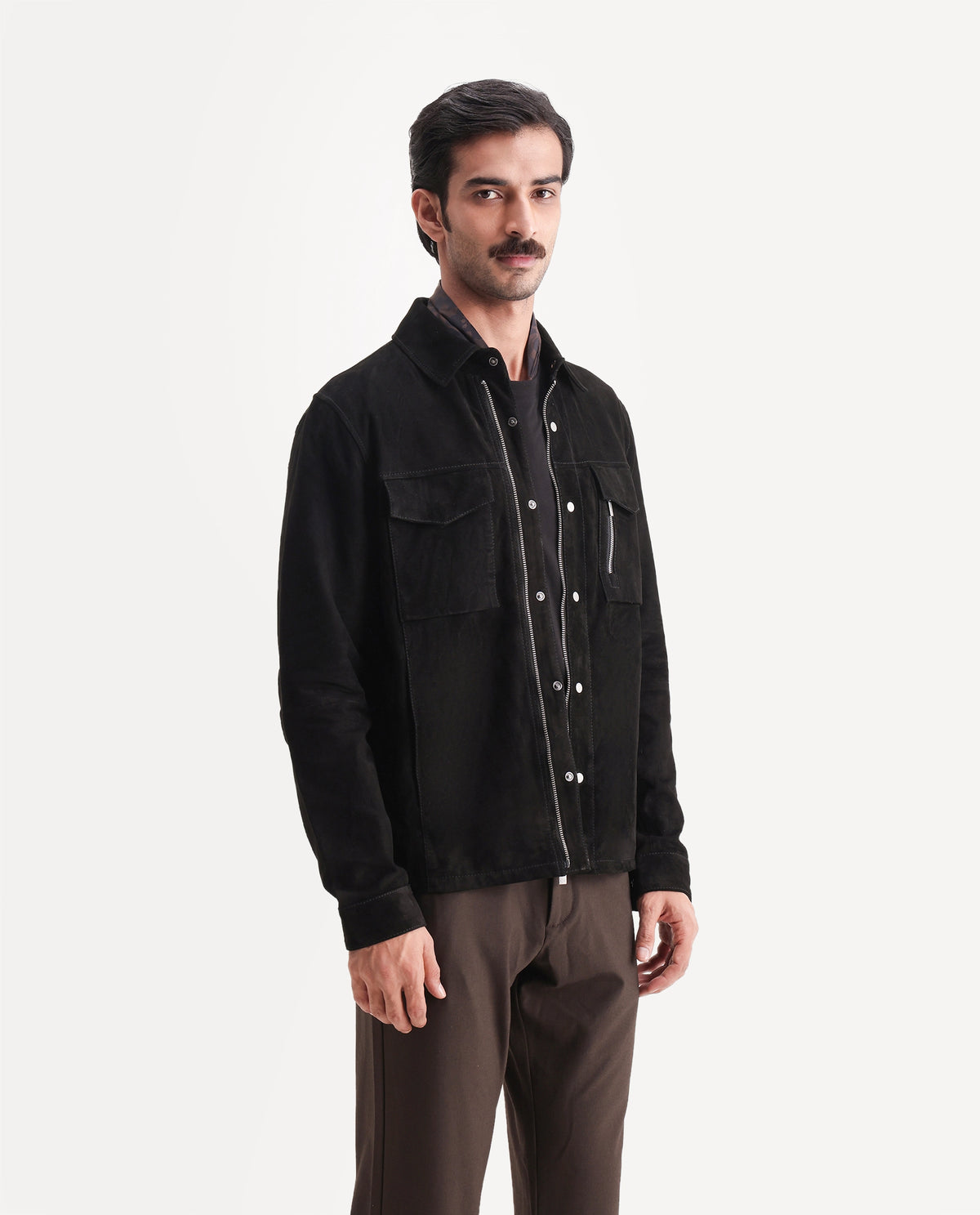 Rare Rabbit Men's Flak Black Leather Spread Collar Regular Plain Jacket - image 6