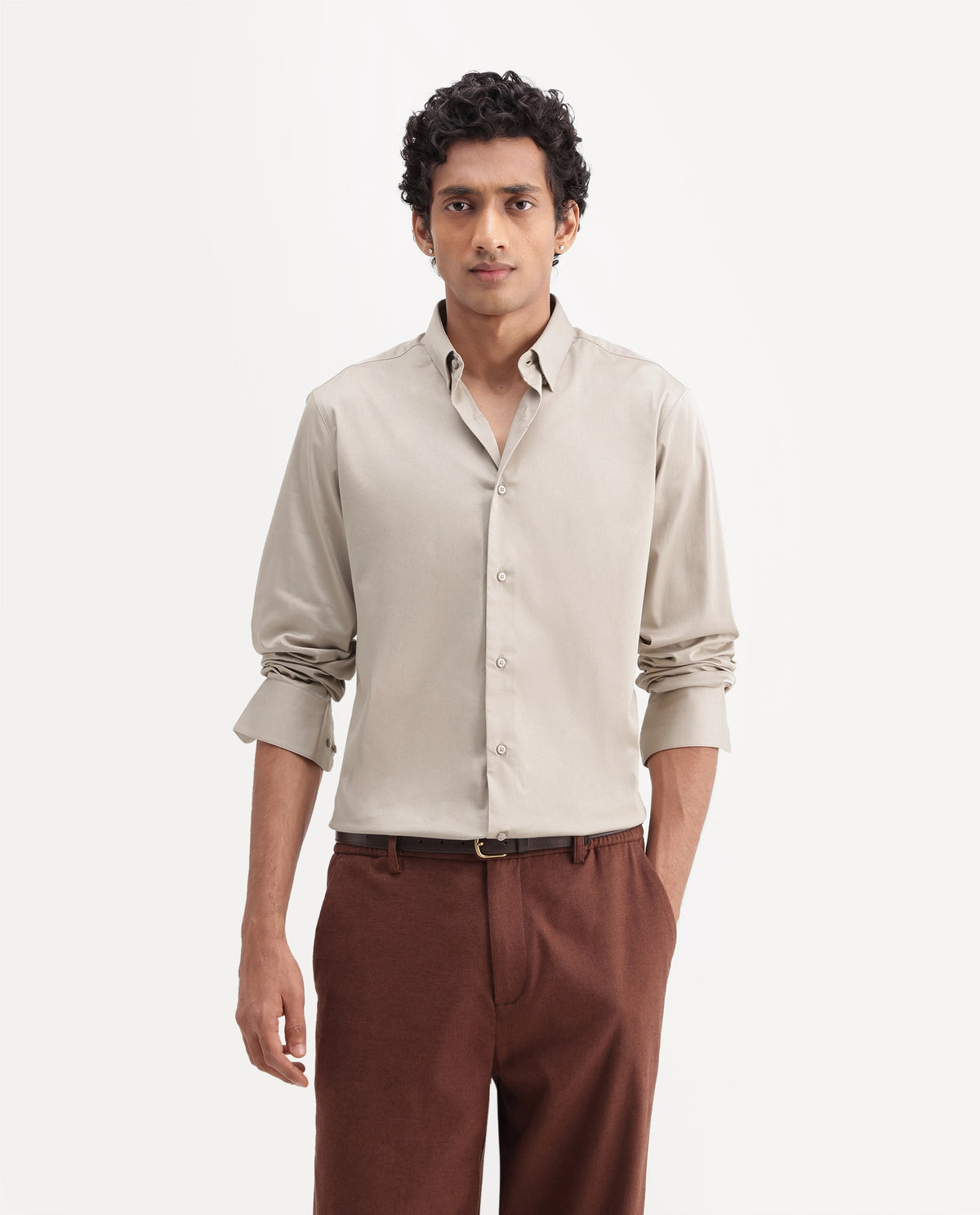 Rare Rabbit Men's Como-Ss27 Dusky Beige Cotton Blend Spread Collar Regular Plain Shirt - image 4
