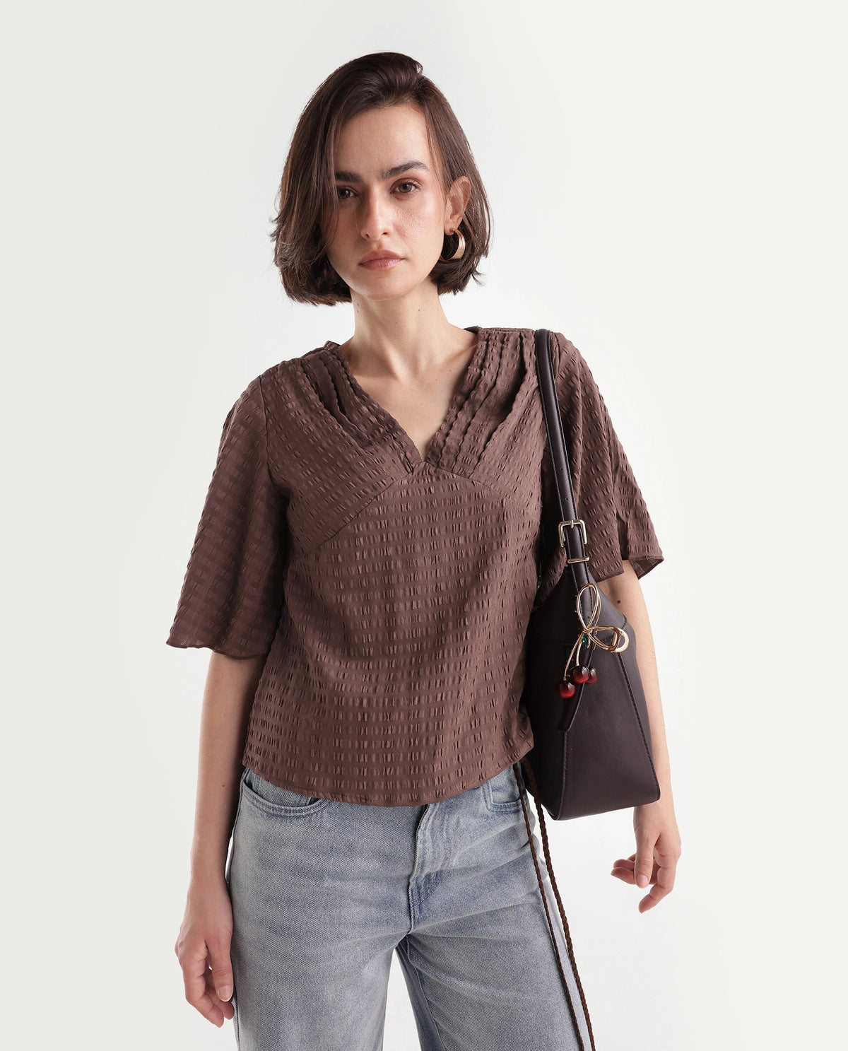 Rareism Women's Tolahs Dark Brown Polyester Blend V-Neck Regular Fit Plain Top - image 1