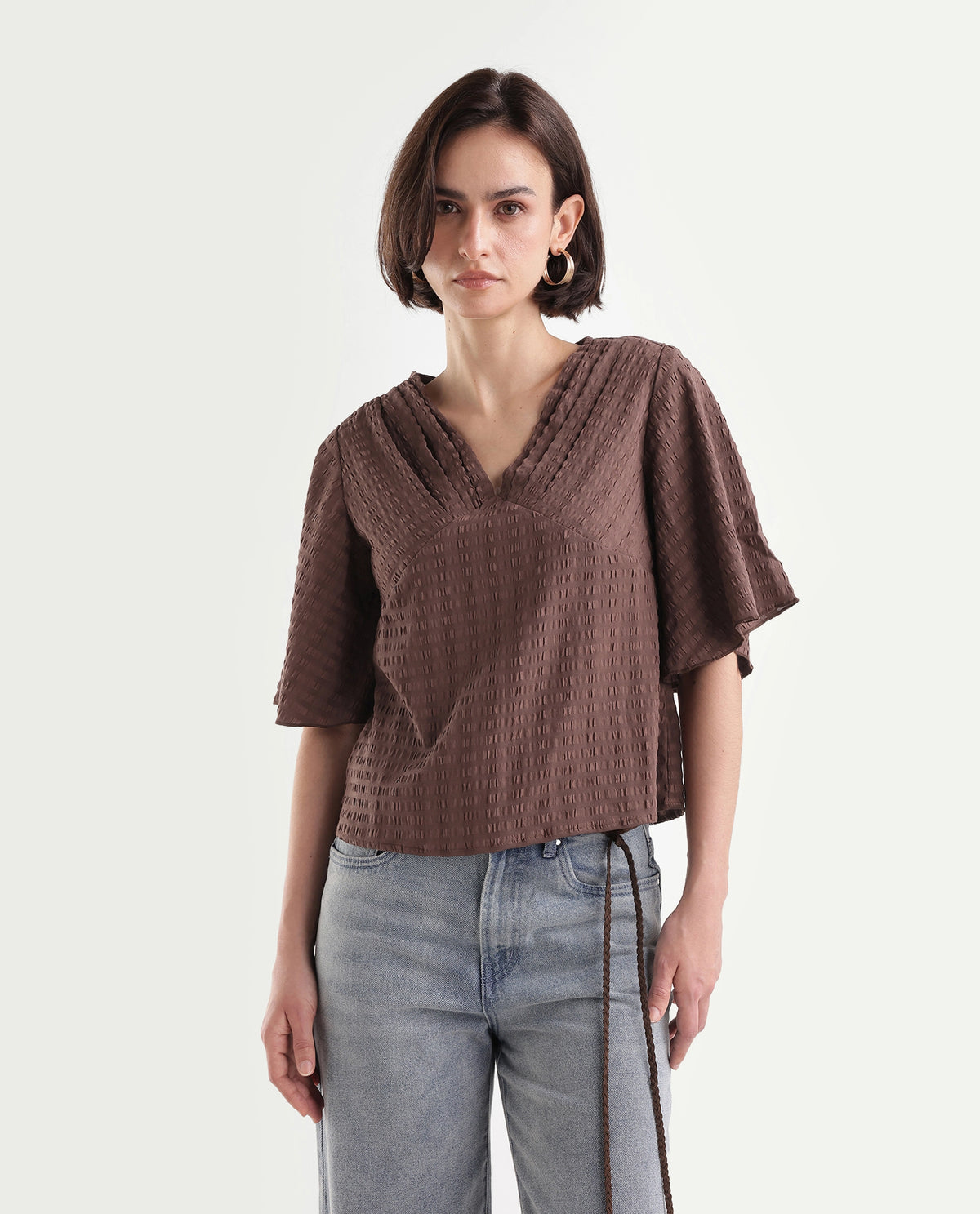 Rareism Women's Tolahs Dark Brown Polyester Blend V-Neck Regular Fit Plain Top - image 6