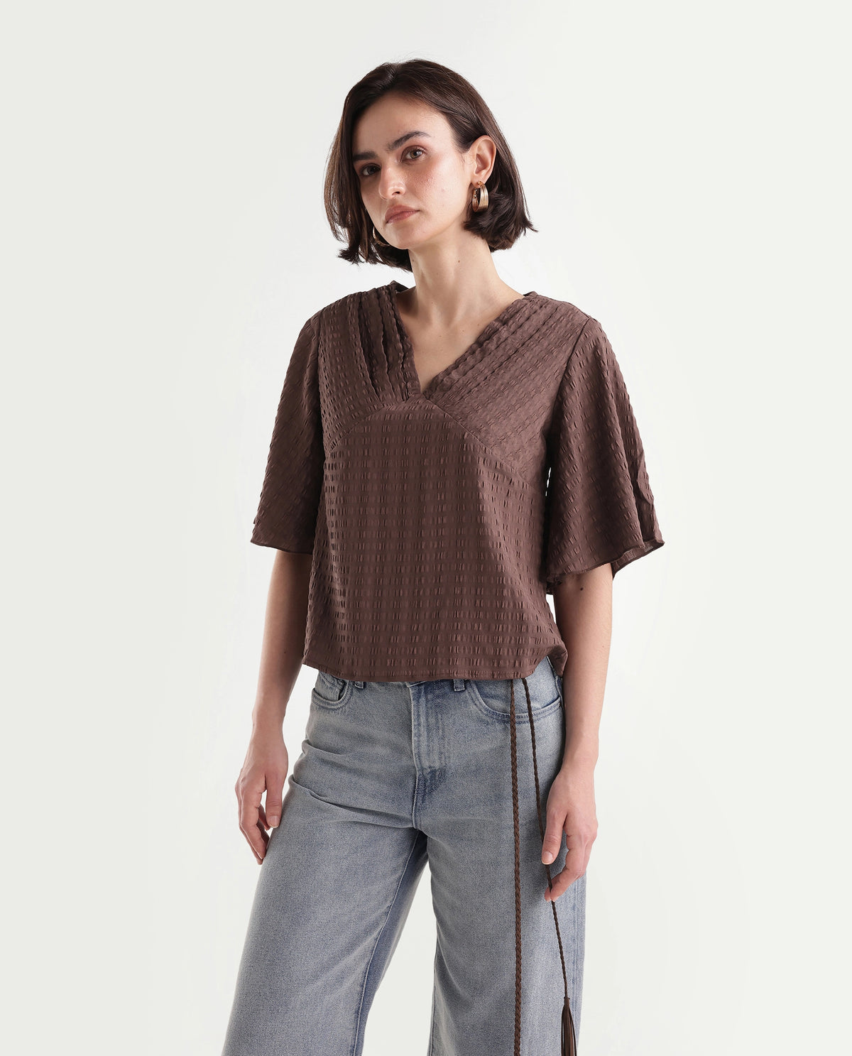 Rareism Women's Tolahs Dark Brown Polyester Blend V-Neck Regular Fit Plain Top - image 5