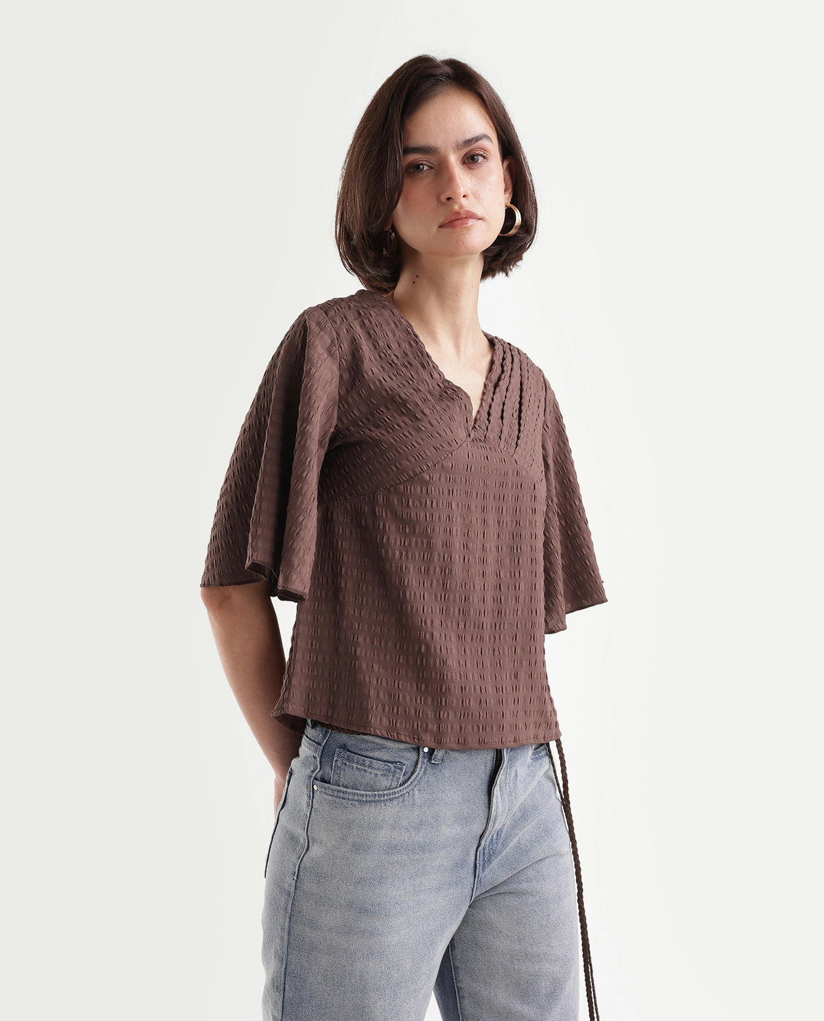 Rareism Women's Tolahs Dark Brown Polyester Blend V-Neck Regular Fit Plain Top - image 4