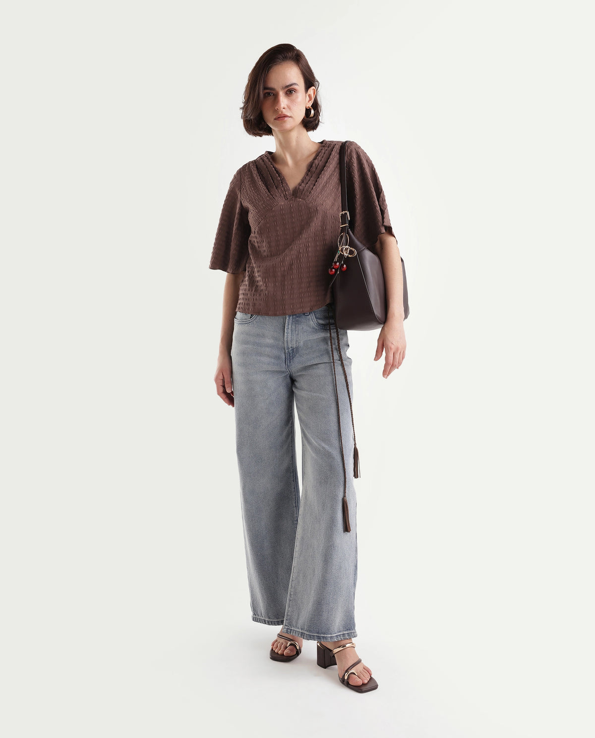 Rareism Women's Tolahs Dark Brown Polyester Blend V-Neck Regular Fit Plain Top - image 2