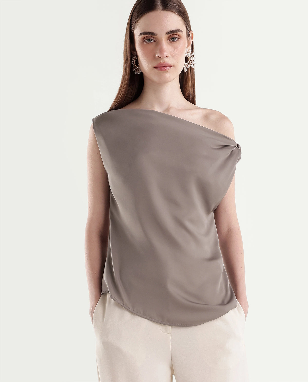 Rareism Women's Onres Dusky Beige Polyester Boat Neck Regular Plain Top - image 1