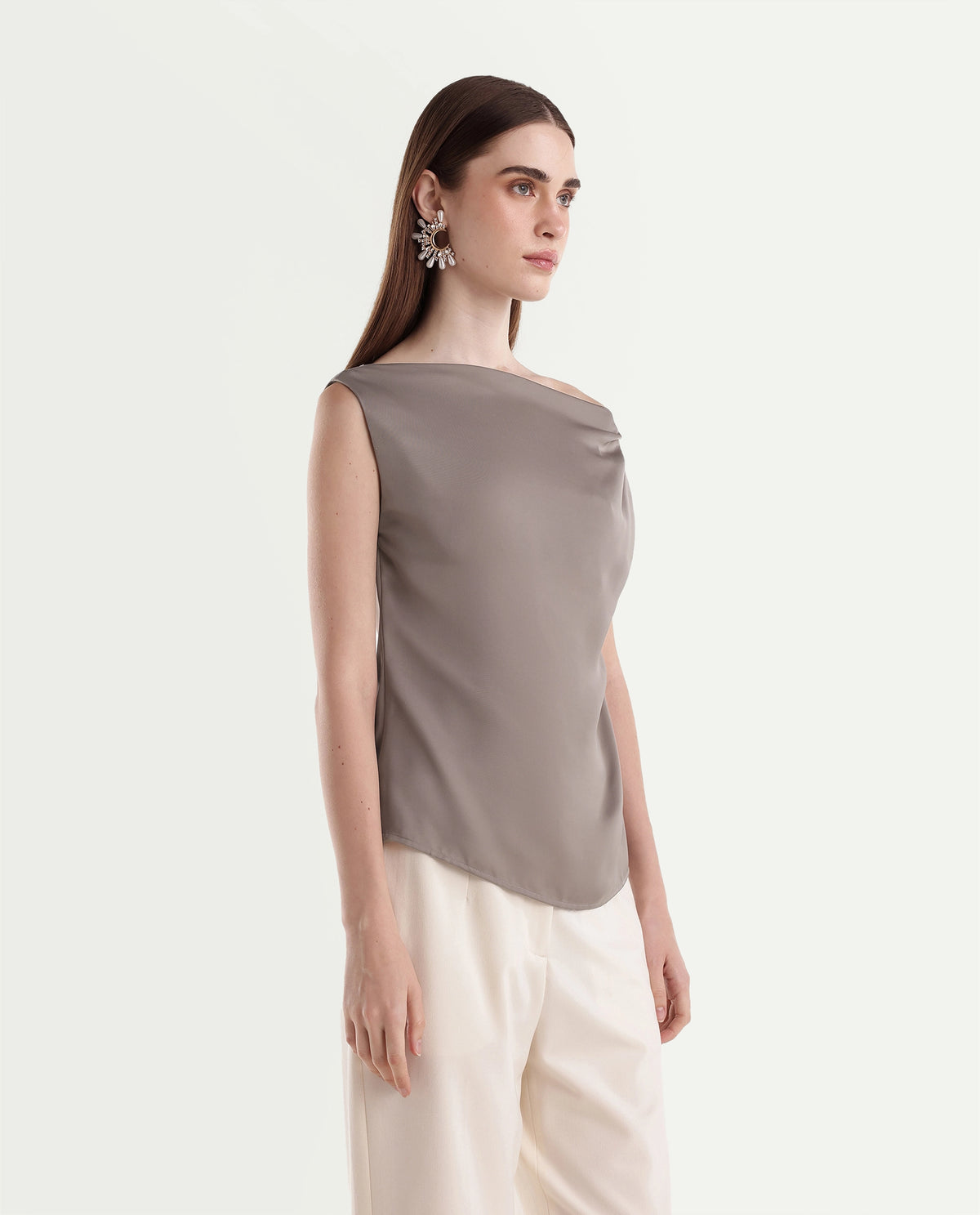 Rareism Women's Onres Dusky Beige Polyester Boat Neck Regular Plain Top - image 5
