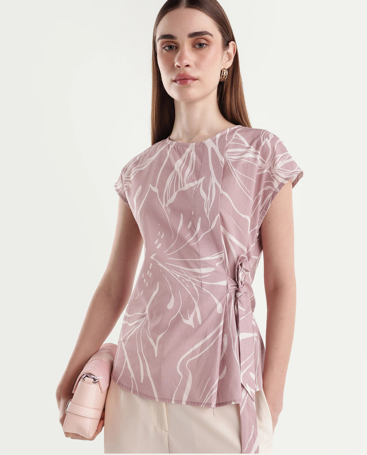 Rareism Women's Otran Pink Cotton Tie-Up Wrap Botanical Print Top - image 1