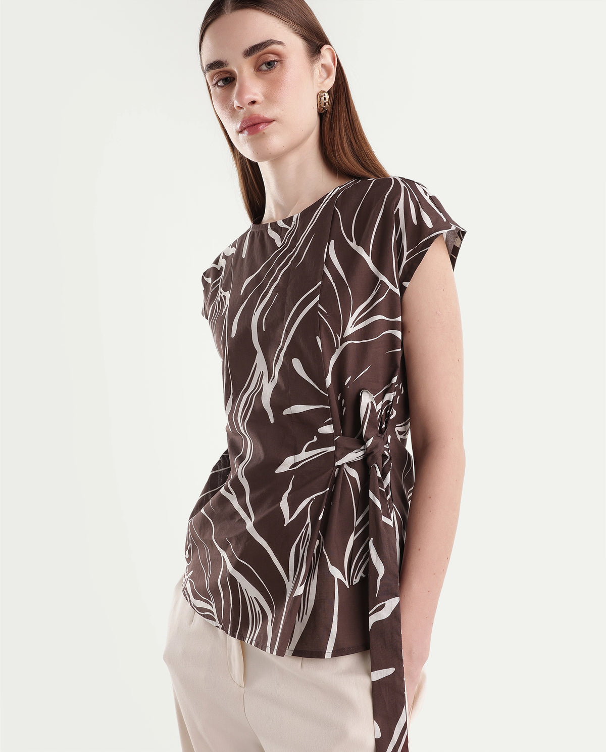 Rareism Women's Otran Brown Cotton Tie-Up Wrap Botanical Print Top - image 1