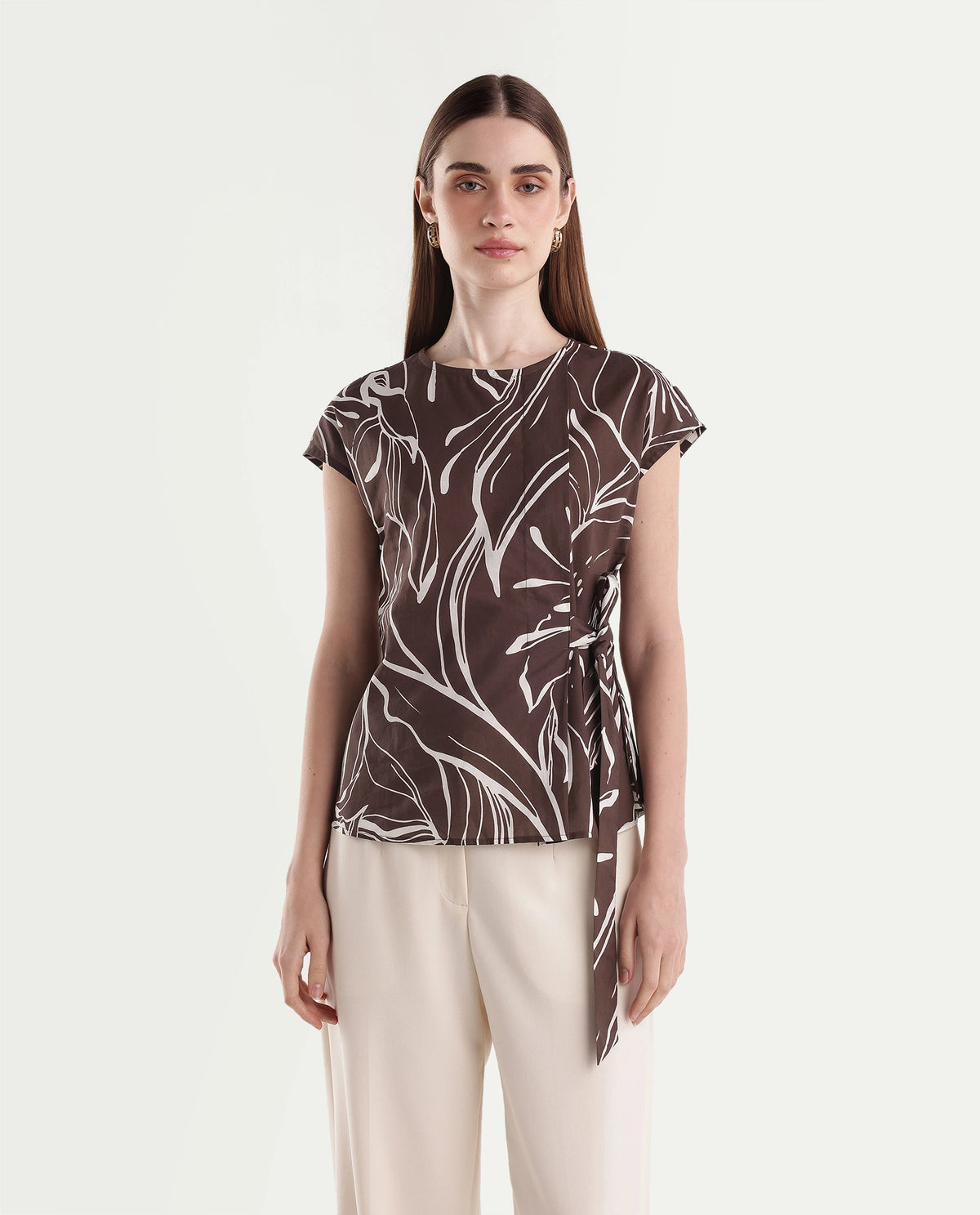 Rareism Women's Otran Brown Cotton Tie-Up Wrap Botanical Print Top - image 6