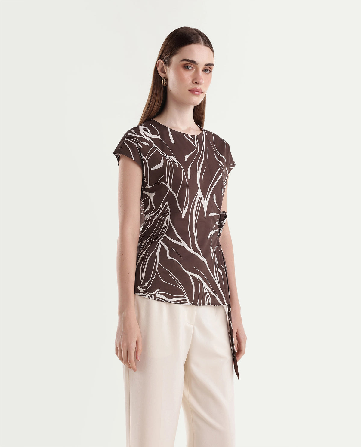 Rareism Women's Otran Brown Cotton Tie-Up Wrap Botanical Print Top - image 4