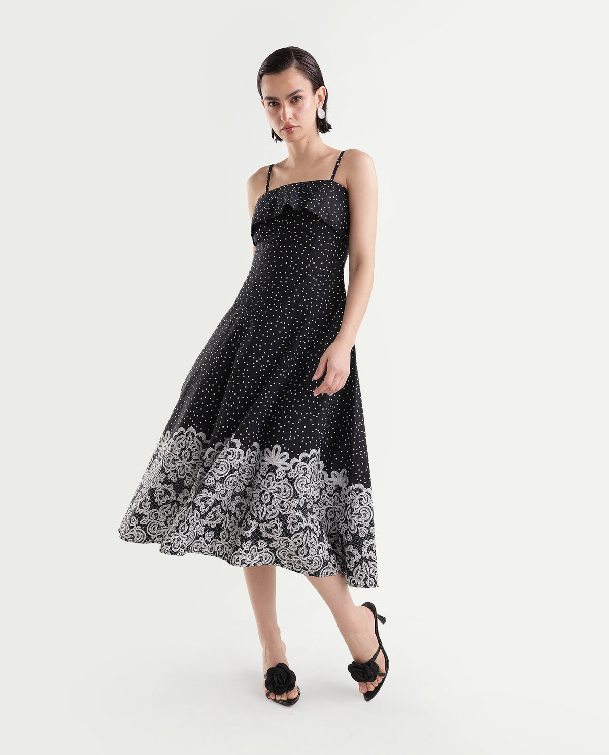 Rareism Women's Cyprus Black Cotton Zipper A-Line Polka Print Dress - image 5