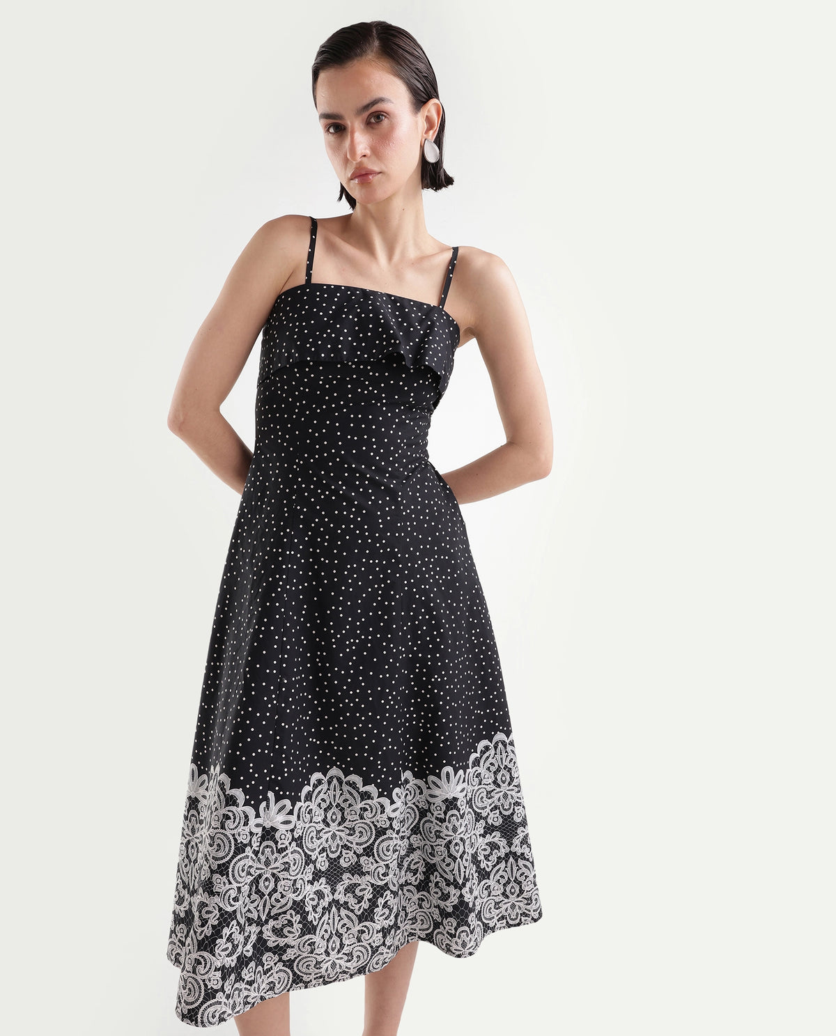 Rareism Women's Cyprus Black Cotton Zipper A-Line Polka Print Dress - image 7