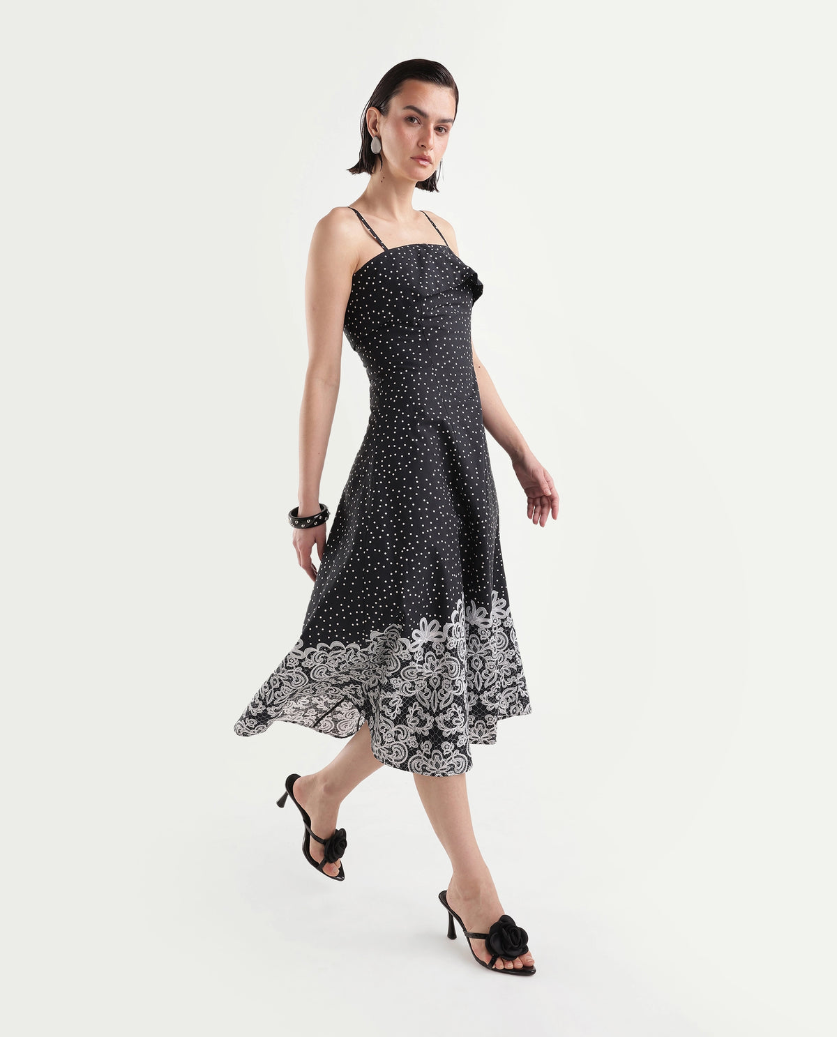 Rareism Women's Cyprus Black Cotton Zipper A-Line Polka Print Dress - image 1