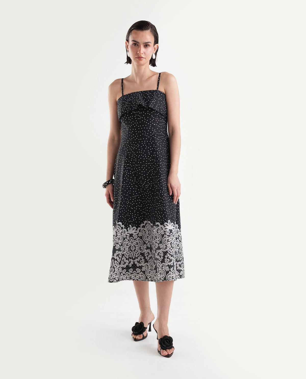 Rareism Women's Cyprus Black Cotton Zipper A-Line Polka Print Dress - image 2