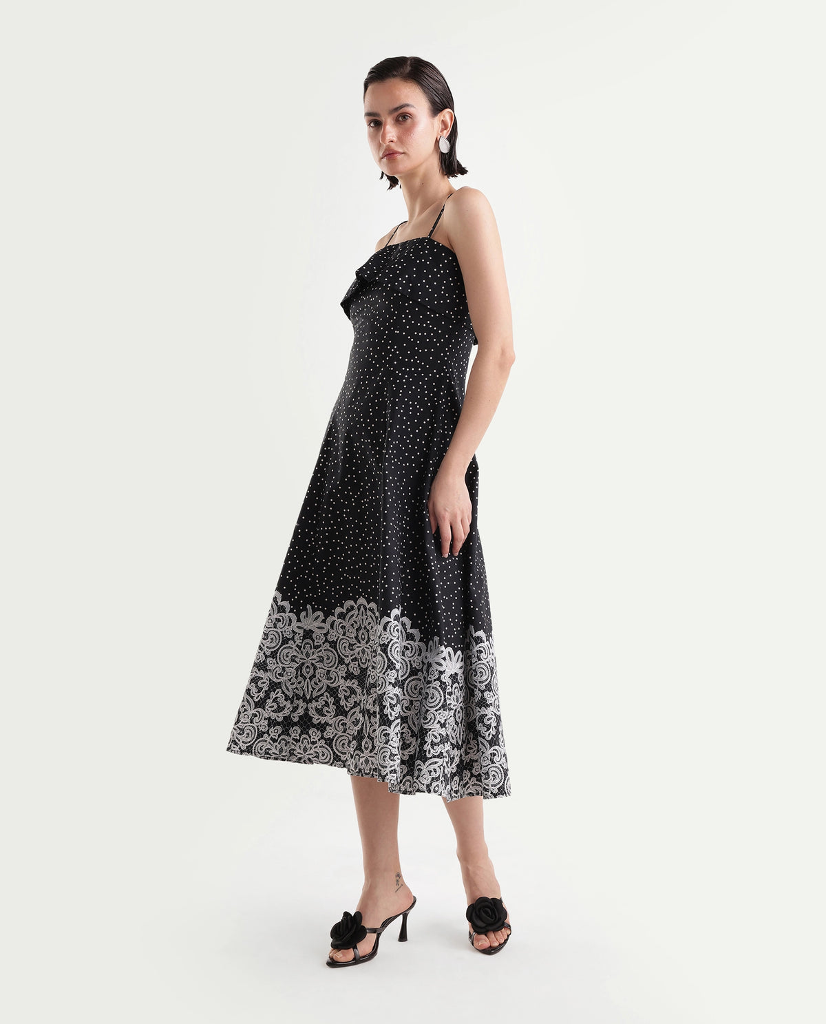 Rareism Women's Cyprus Black Cotton Zipper A-Line Polka Print Dress - image 8