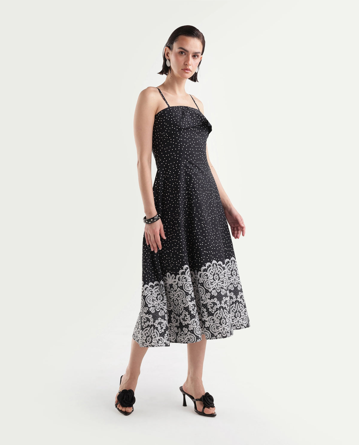 Rareism Women's Cyprus Black Cotton Zipper A-Line Polka Print Dress - image 4