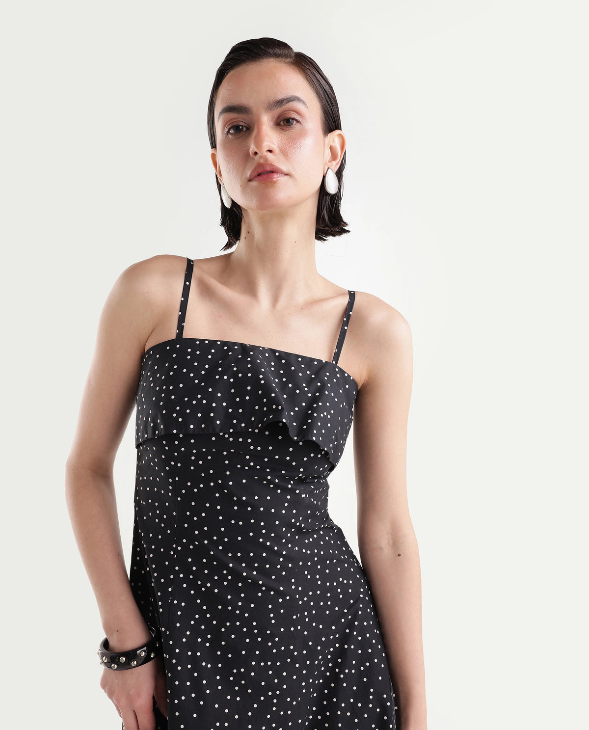 Rareism Women's Cyprus Black Cotton Zipper A-Line Polka Print Dress - image 6