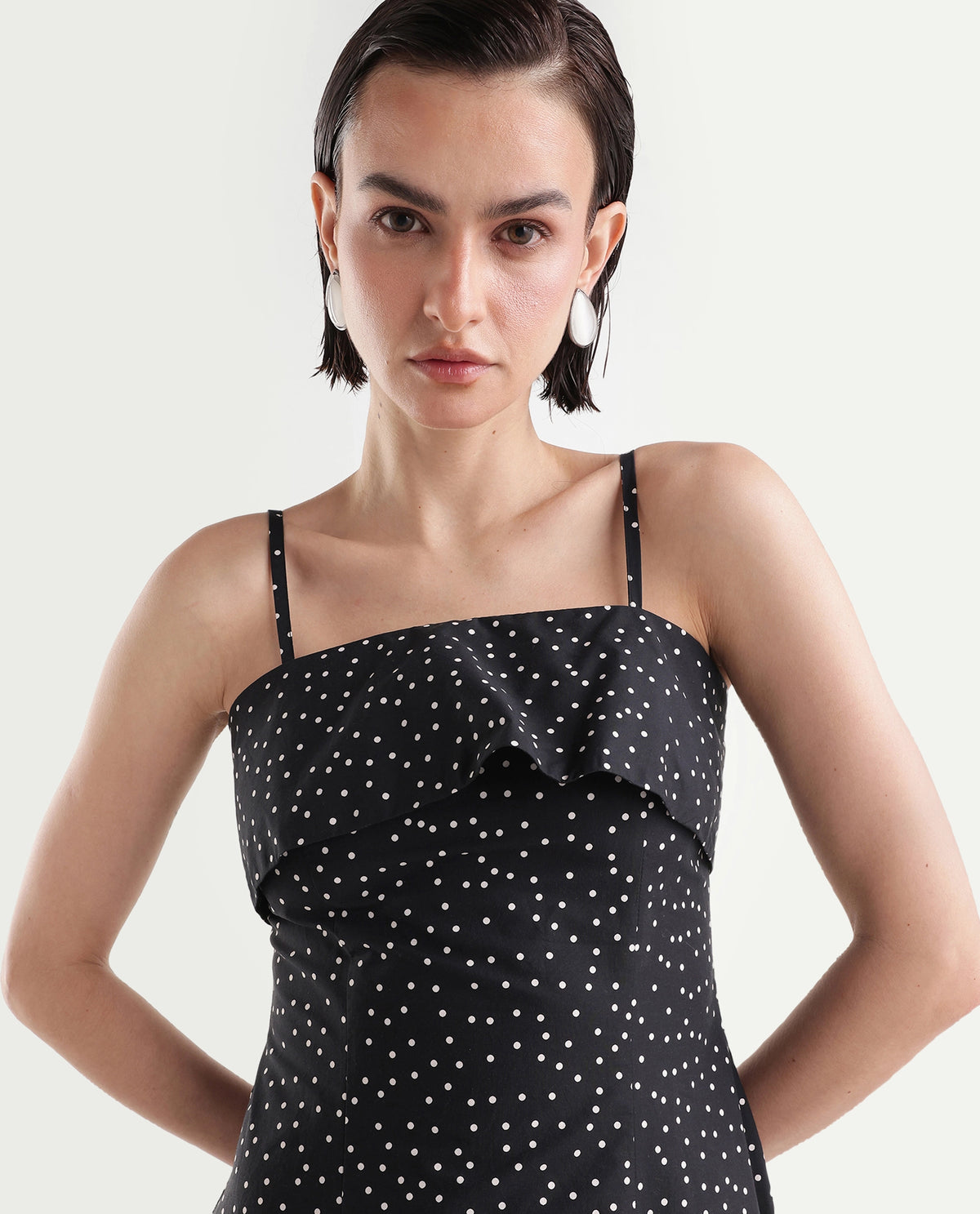 Rareism Women's Cyprus Black Cotton Zipper A-Line Polka Print Dress - image 3