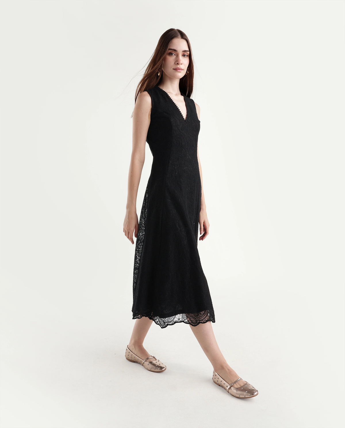 Rareism Women's Denmarki Black Polyester V-Neck A-Line Lace Dress - image 4