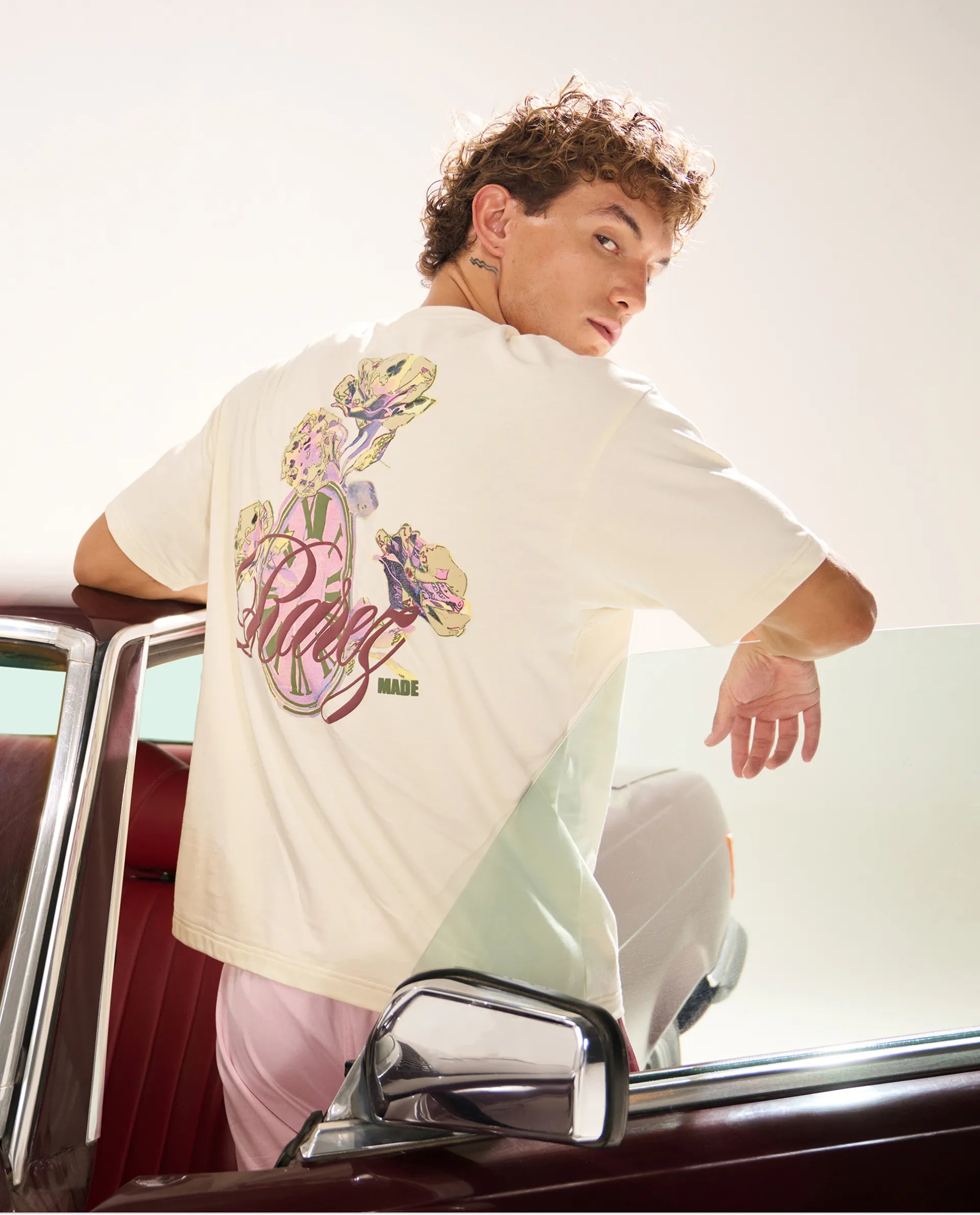 Rare Rabbit Men's Fluen Off White Cotton Graphic Print Oversized Fit Half Sleeve Crew Neck T-Shirt