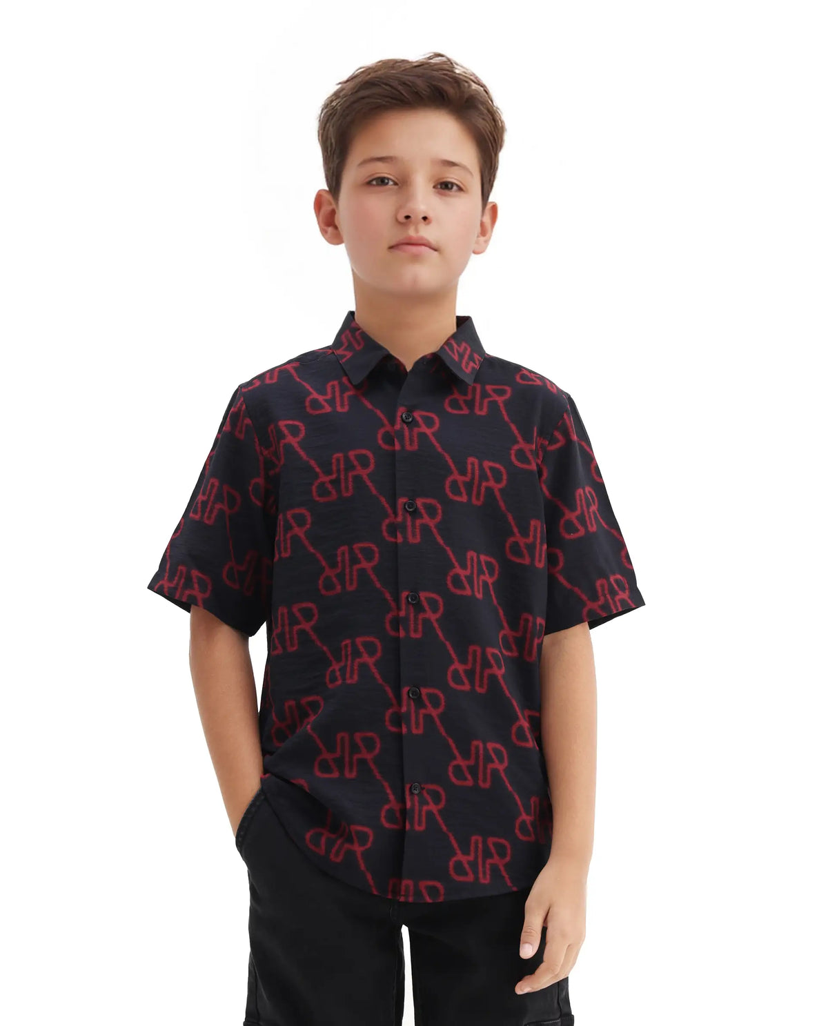 Rare Ones Kids Rron Dark Navy Nylon Blend Print Button Closure Regular Fit Shirt