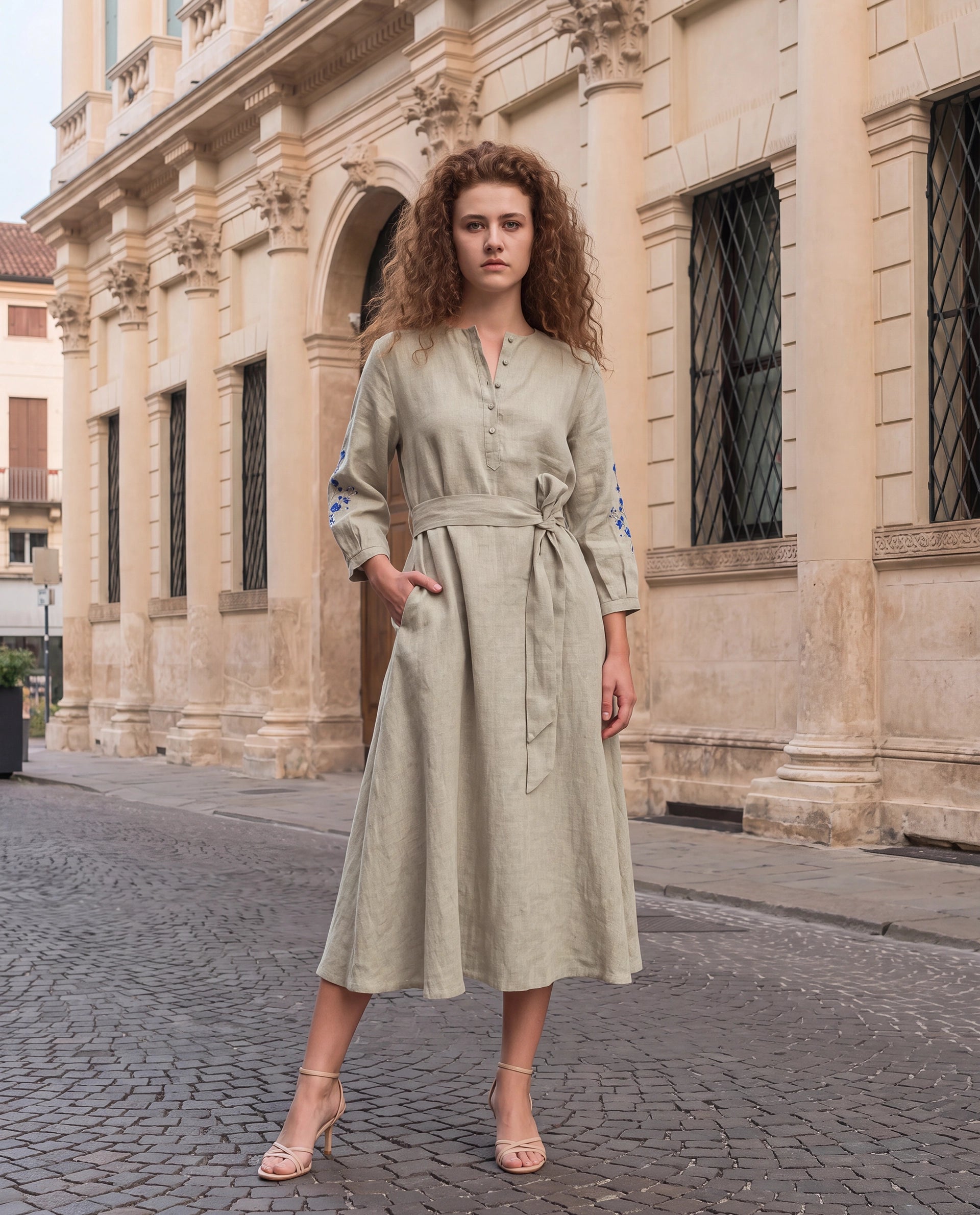 Rareism Women's Rubinot Dusky Beige 100% Linen Crew Neck Button A-Line Plain Dress