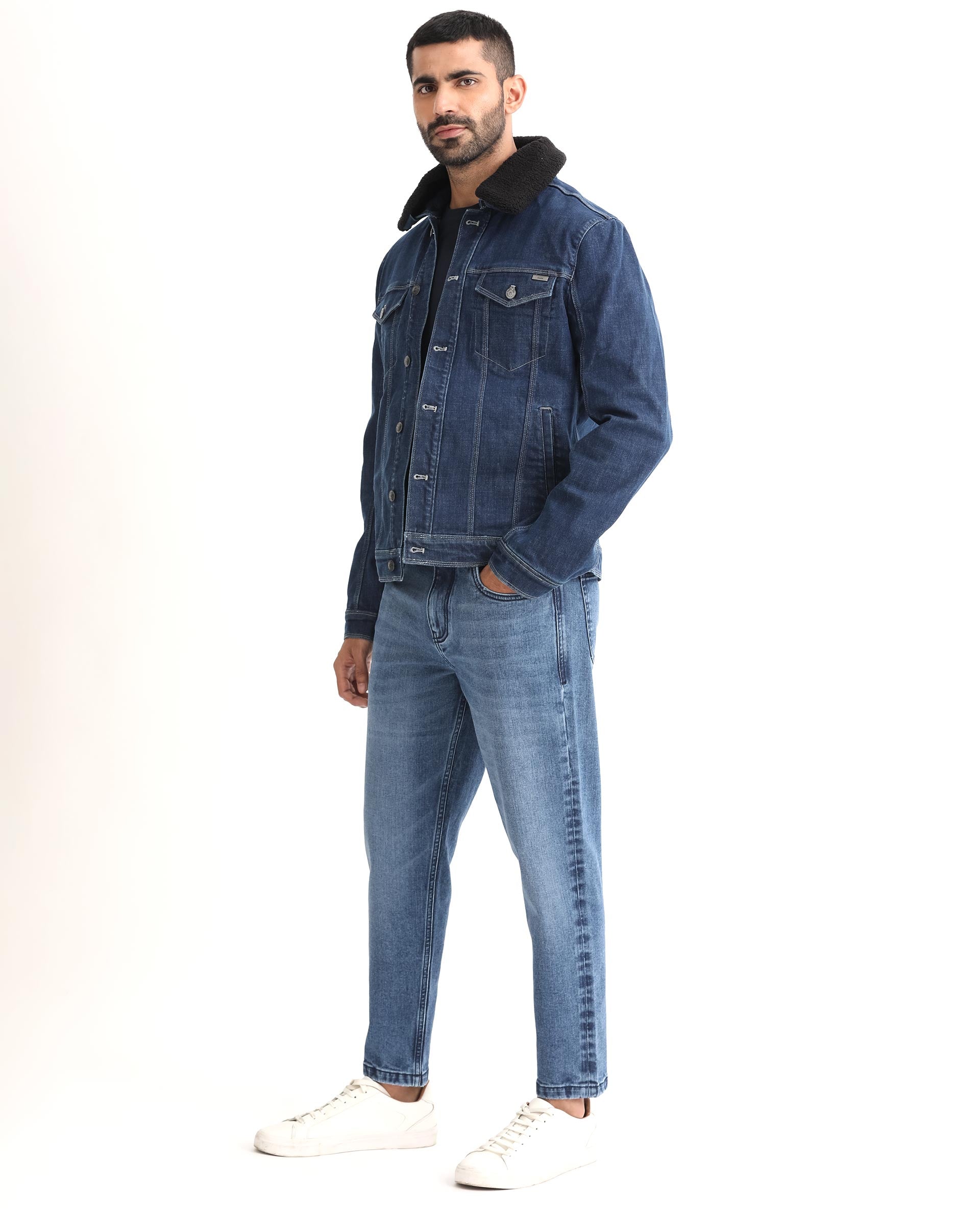 Rare Rabbit Men's Rubik Dark Blue Fleece Collar Dark Wash Denim Trucker