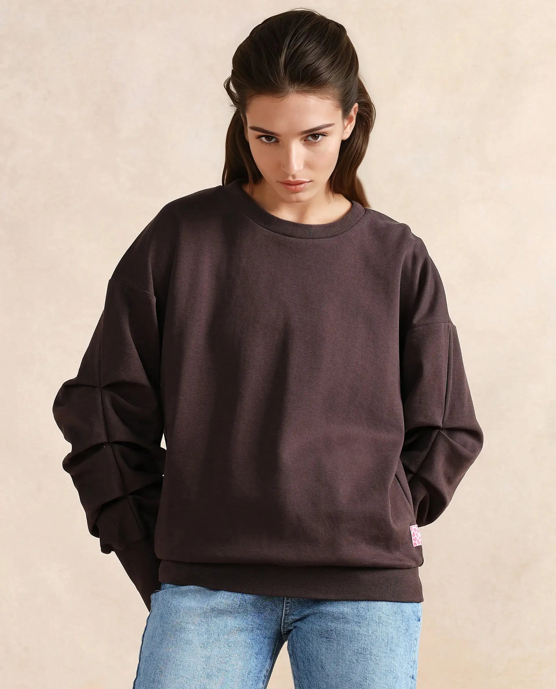Rareism Women Ruch Brown Cotton Blend Fabric Full Sleeve Crew Neck Relaxed Fit Hip Length Plain Sweatshirt