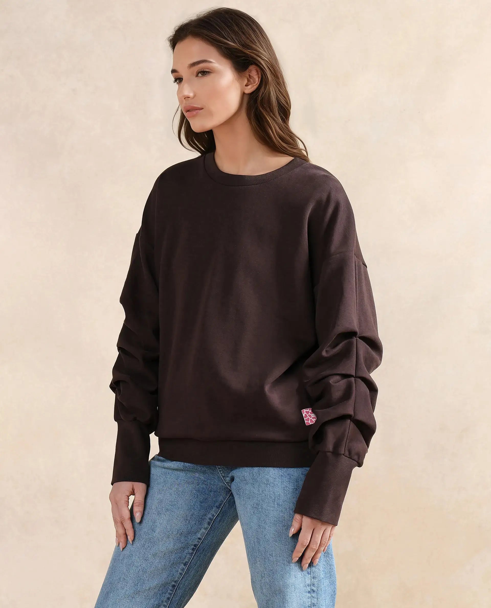 Rareism Women Ruch Brown Cotton Blend Fabric Full Sleeve Crew Neck Relaxed Fit Hip Length Plain Sweatshirt