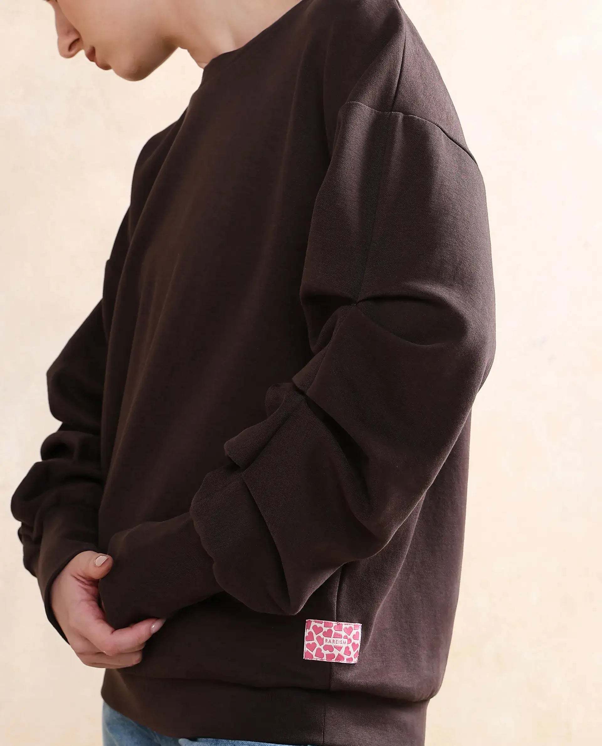 Rareism Women Ruch Brown Cotton Blend Fabric Full Sleeve Crew Neck Relaxed Fit Hip Length Plain Sweatshirt