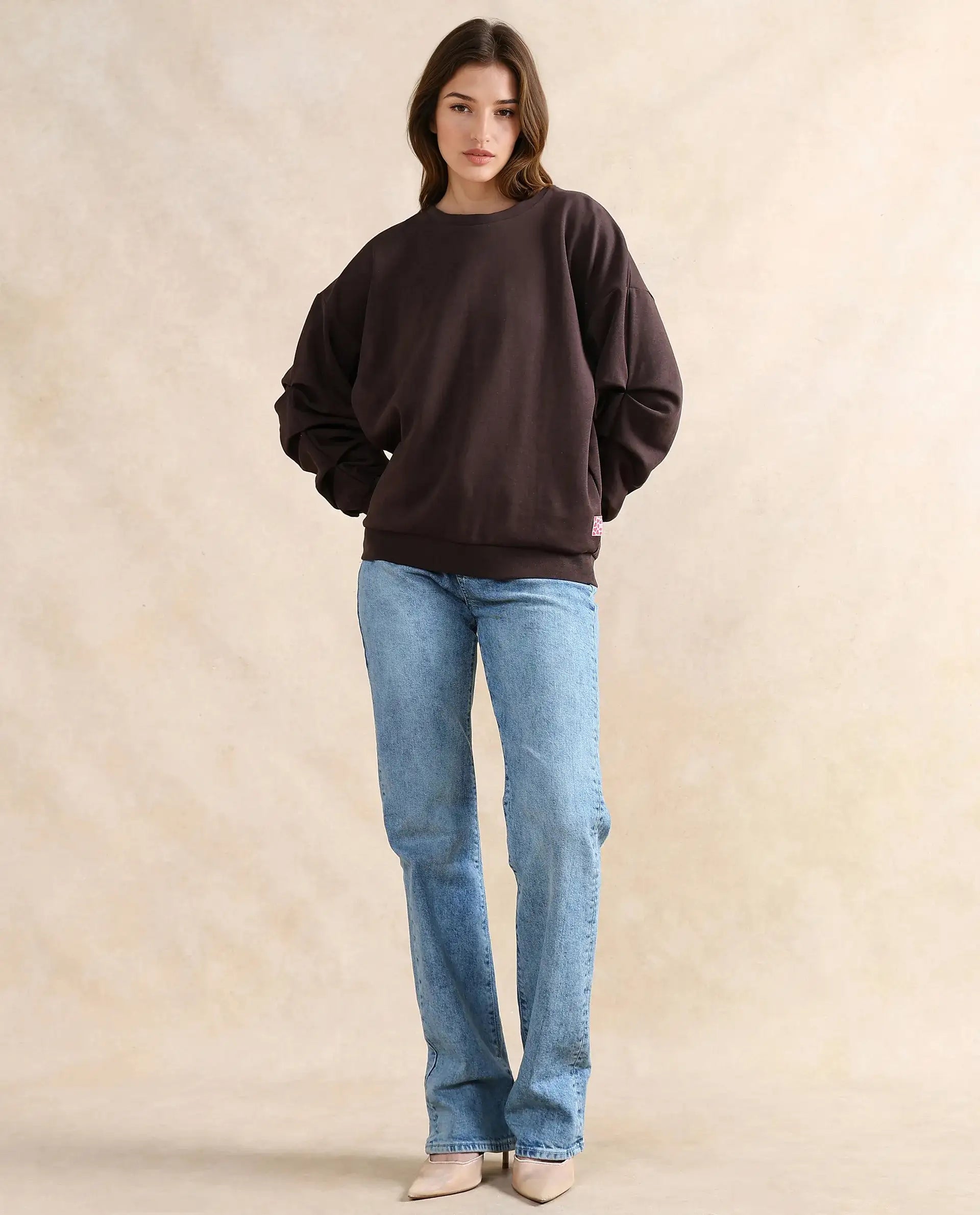 Rareism Women Ruch Brown Cotton Blend Fabric Full Sleeve Crew Neck Relaxed Fit Hip Length Plain Sweatshirt