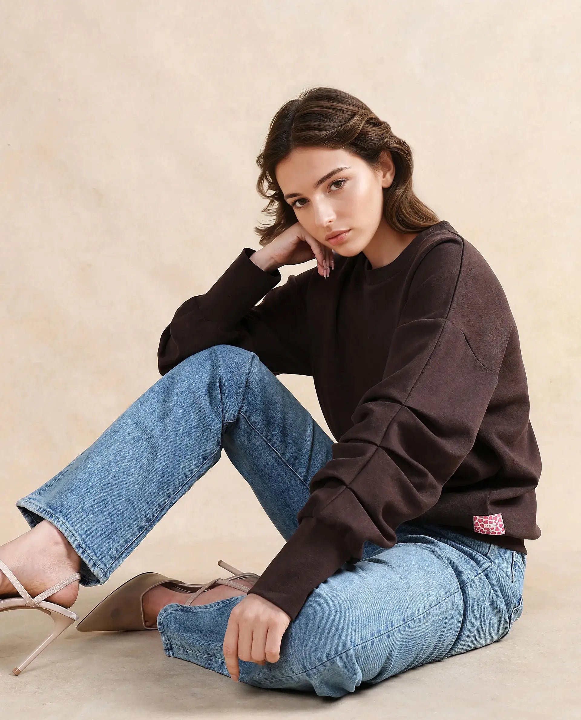 Rareism Women Ruch Brown Cotton Blend Fabric Full Sleeve Crew Neck Relaxed Fit Hip Length Plain Sweatshirt