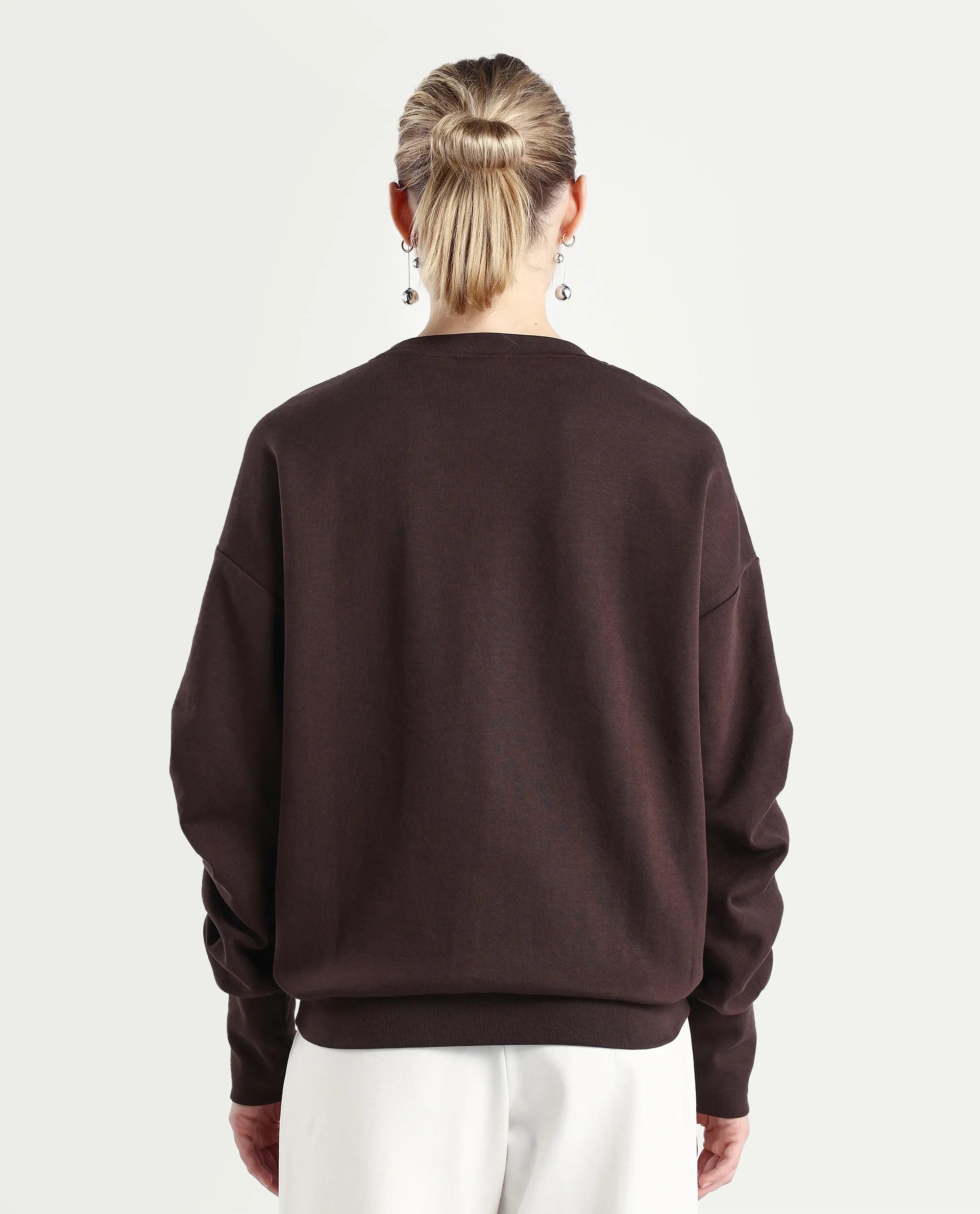 Rareism Women's Ruch Brown Cotton Blend Crew Neck Plain Hip Length Relaxed Fit Sweatshirt