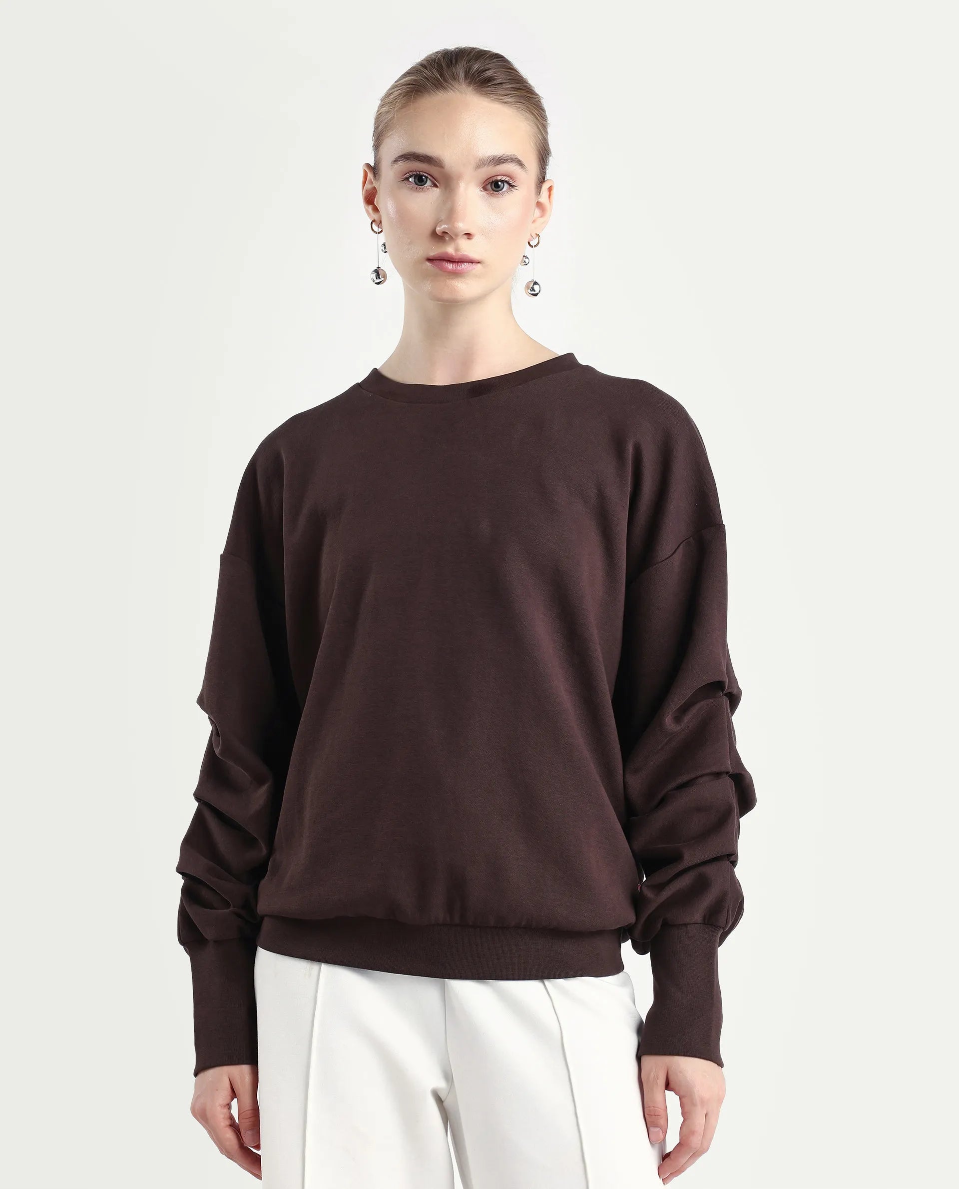 Rareism Women's Ruch Brown Cotton Blend Crew Neck Plain Hip Length Relaxed Fit Sweatshirt