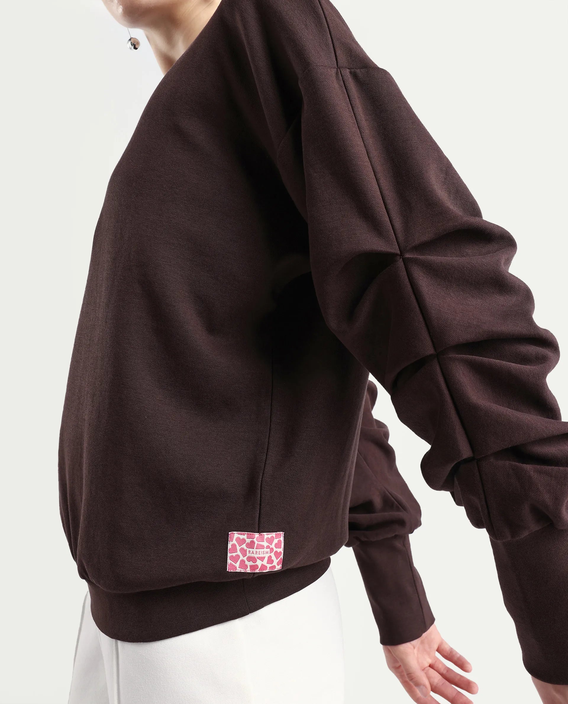 Rareism Women's Ruch Brown Cotton Blend Crew Neck Plain Hip Length Relaxed Fit Sweatshirt