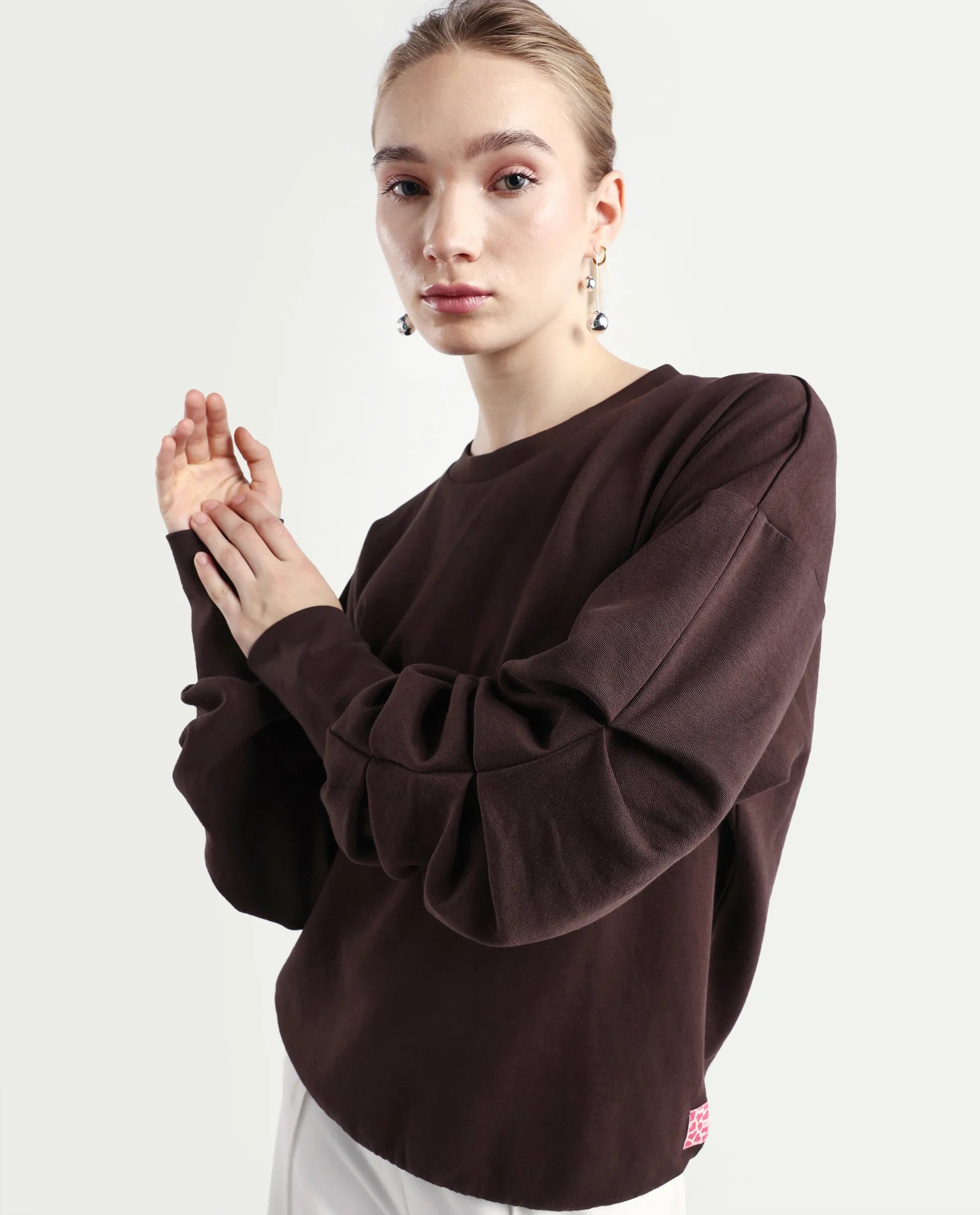 Rareism Women's Ruch Brown Cotton Blend Crew Neck Plain Hip Length Relaxed Fit Sweatshirt