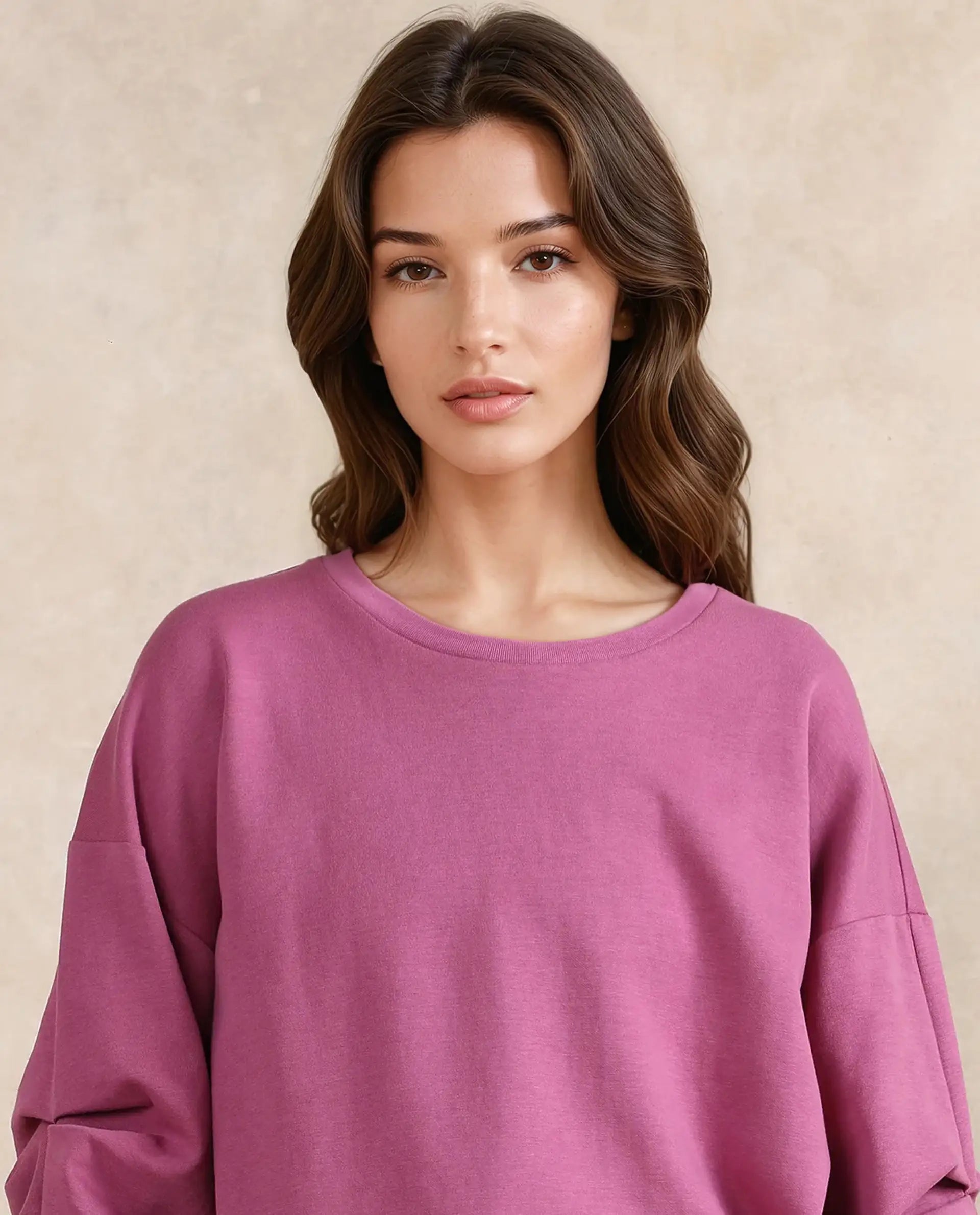 Rareism Women Ruch Dark Pink Cotton Blend Fabric Full Sleeve Crew Neck Relaxed Fit Hip Length Plain Sweatshirt