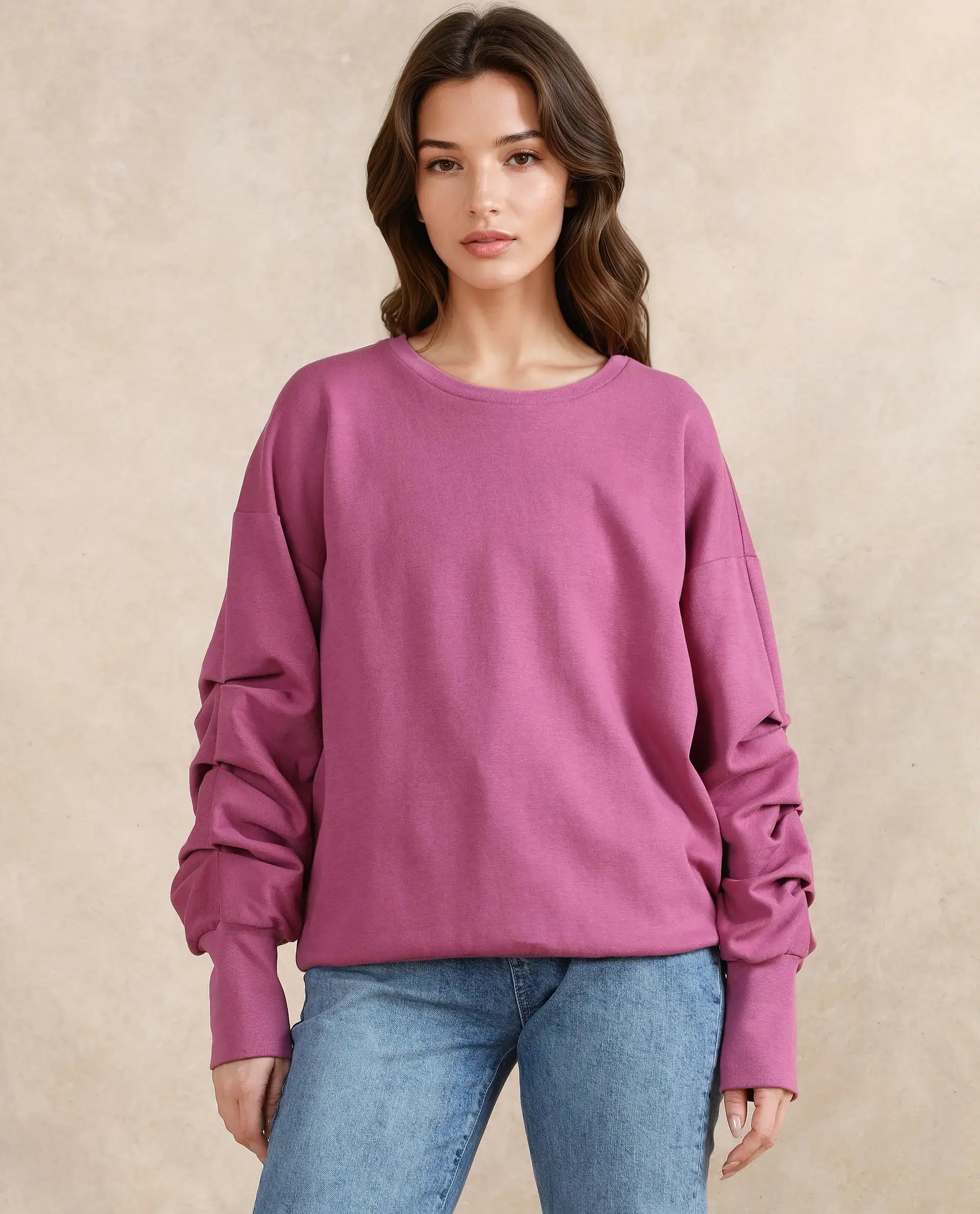 Rareism Women Ruch Dark Pink Cotton Blend Fabric Full Sleeve Crew Neck Relaxed Fit Hip Length Plain Sweatshirt